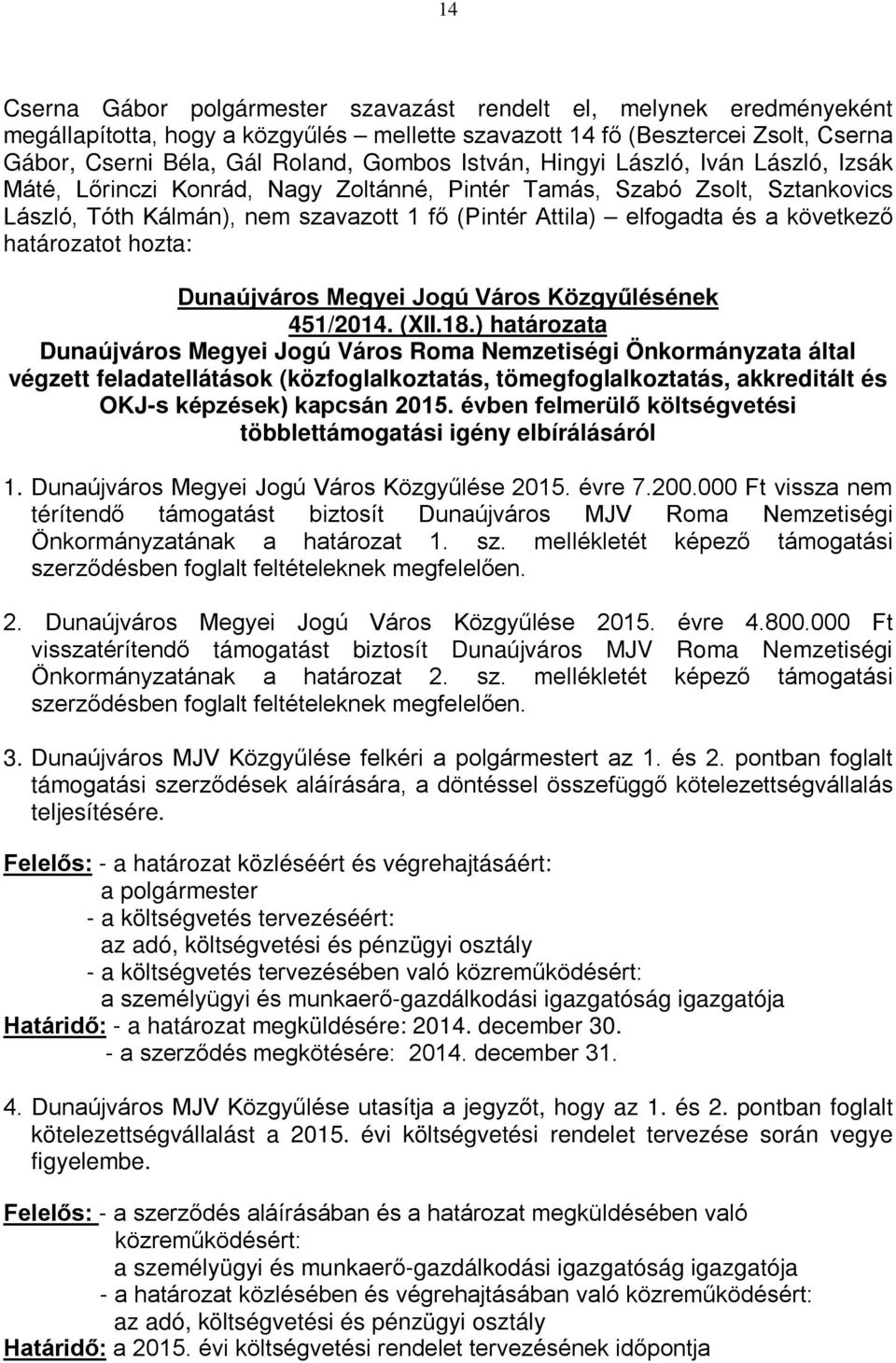 ) határozata Dunaújváros Megyei Jogú Város Roma Nemzetiségi Önkormányzata által végzett feladatellátások (közfoglalkoztatás, tömegfoglalkoztatás, akkreditált és OKJ-s képzések) kapcsán 2015.