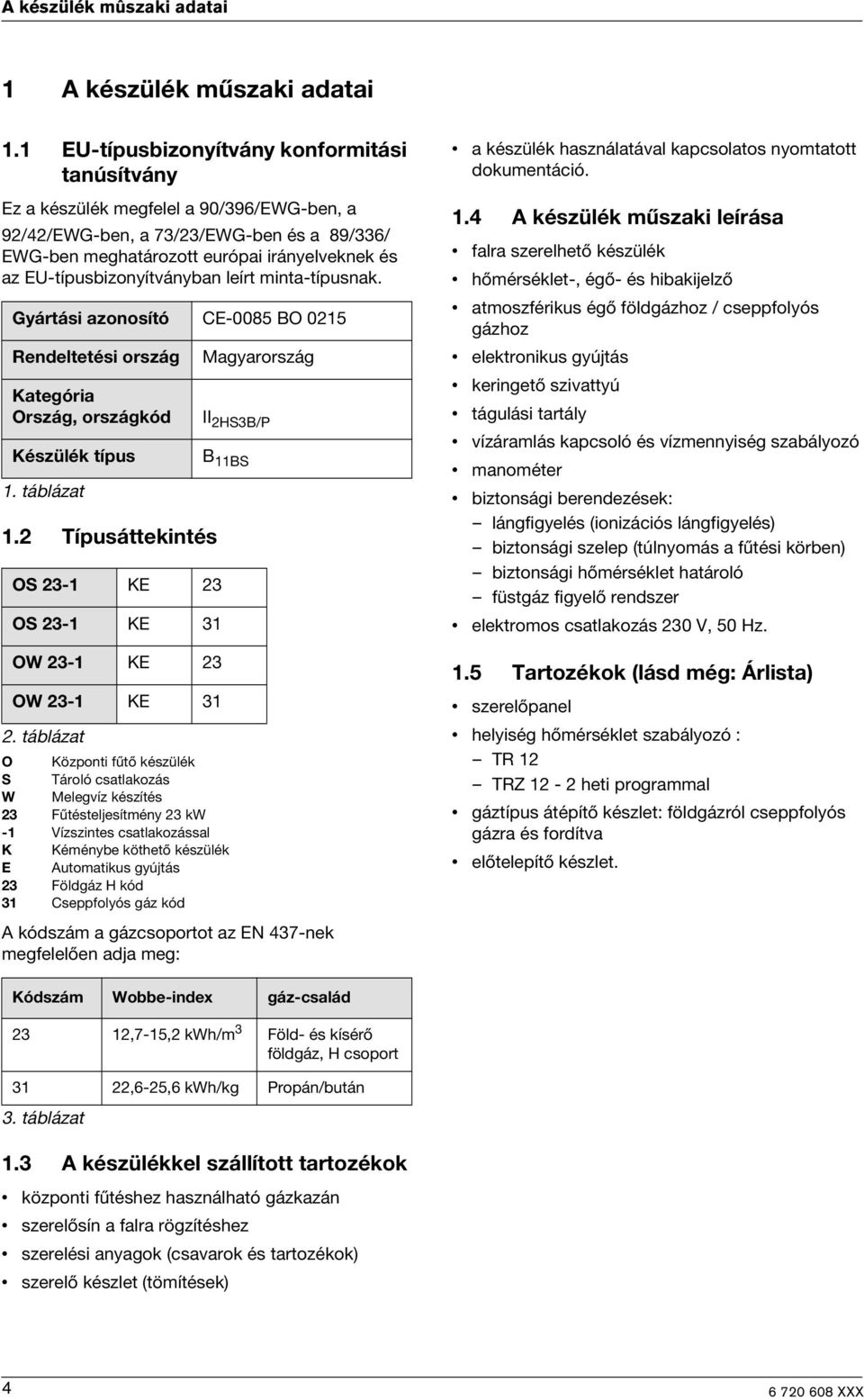 EU-típusbizonyítványban leírt minta-típusnak. Gyártási azonosító CE-0085 BO 0215 Rendeltetési ország Kategória Ország, országkód Készülék típus 1. táblázat 1.