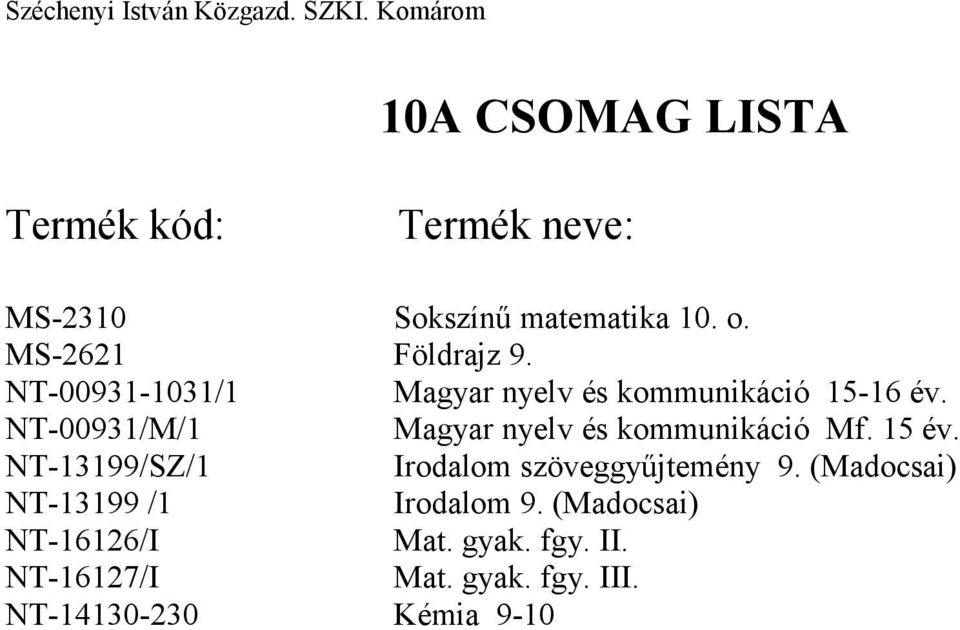 NT-00931/M/1 Magyar nyelv és kommunikáció Mf. 15 év.