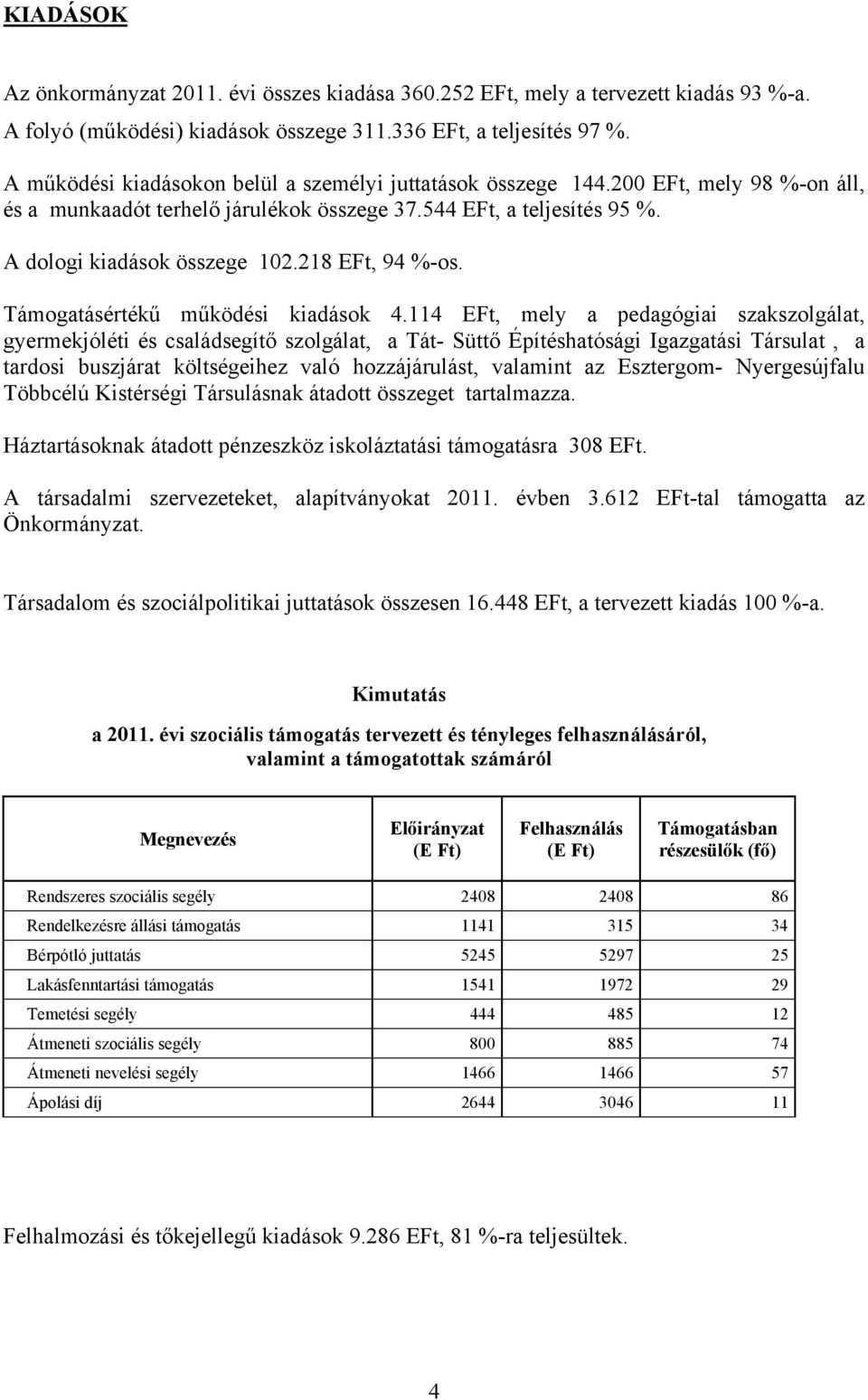 218 EFt, 94 %-os. Támogatásértékű működési kiadások 4.