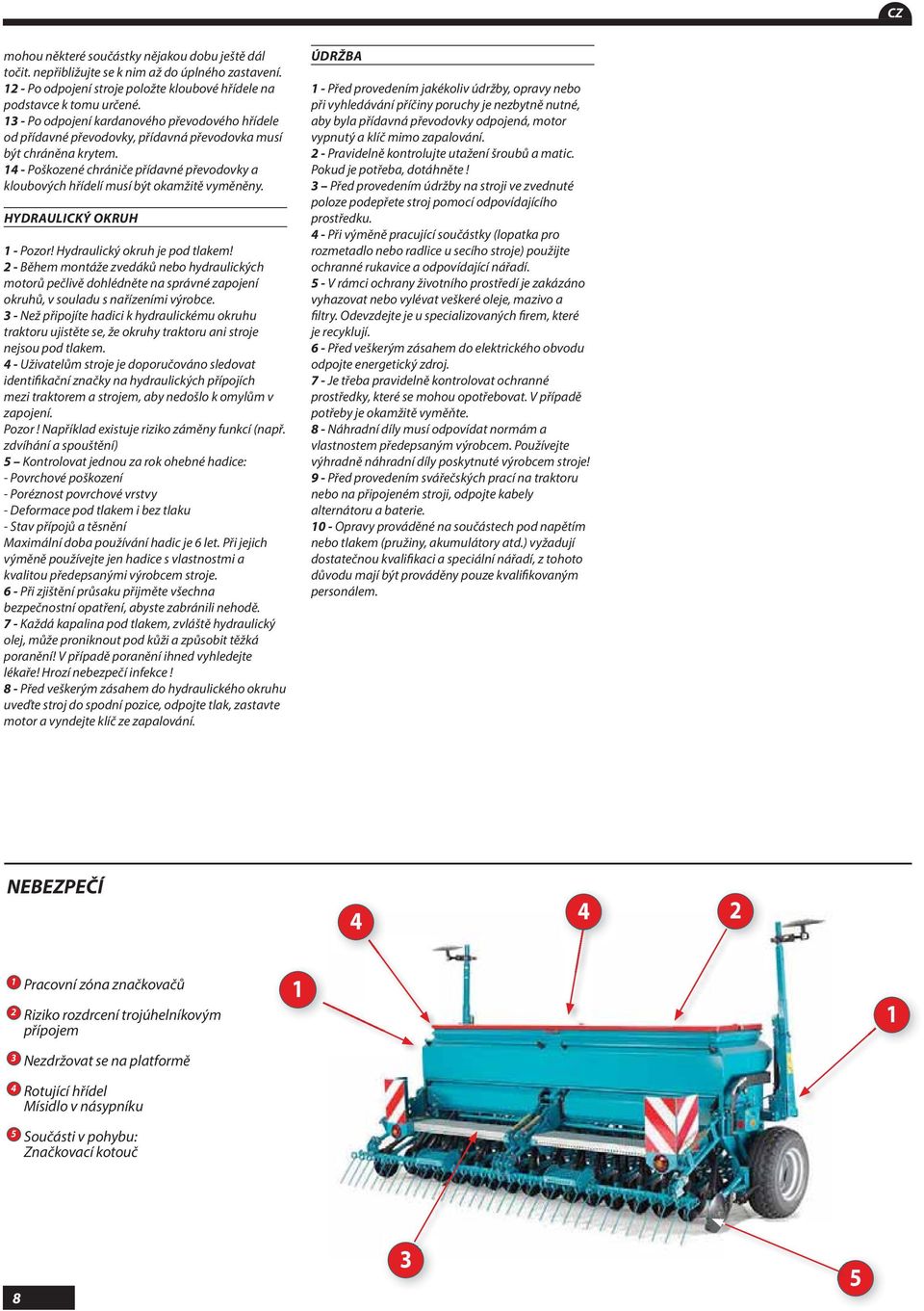 4 - Poškozené chrániče přídavné převodovky a kloubových hřídelí musí být okamžitě vyměněny. HYDRAULICKÝ OKRUH - Pozor! Hydraulický okruh je pod tlakem!