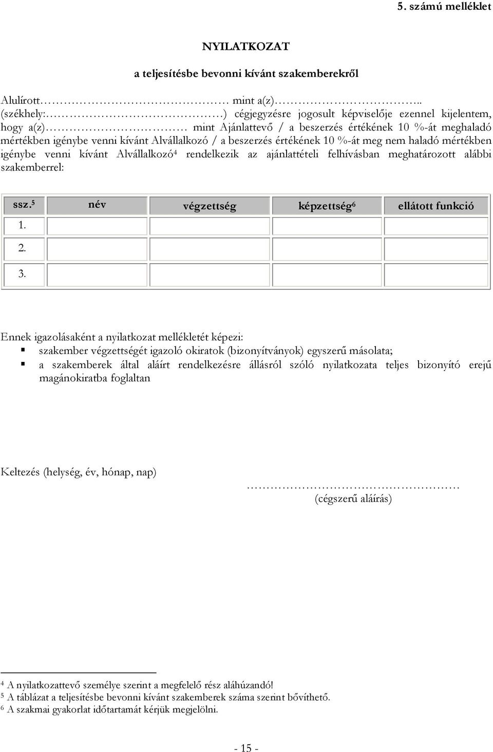 értékének 10 %-át meg nem haladó mértékben igénybe venni kívánt Alvállalkozó 4 rendelkezik az ajánlattételi felhívásban meghatározott alábbi szakemberrel: ssz.