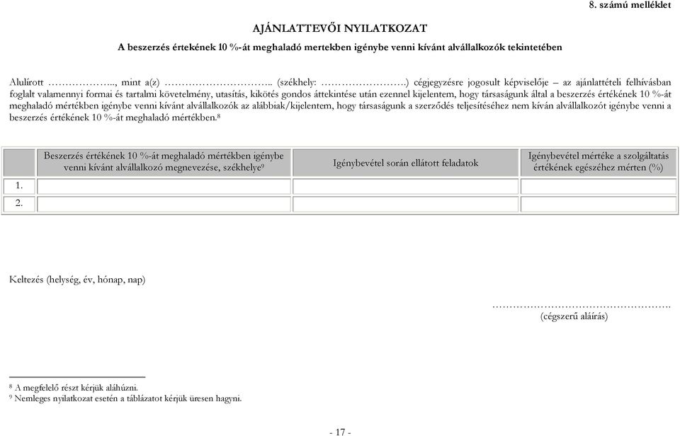 által a beszerzés értékének 10 %-át meghaladó mértékben igénybe venni kívánt alvállalkozók az alábbiak/kijelentem, hogy társaságunk a szerződés teljesítéséhez nem kíván alvállalkozót igénybe venni a