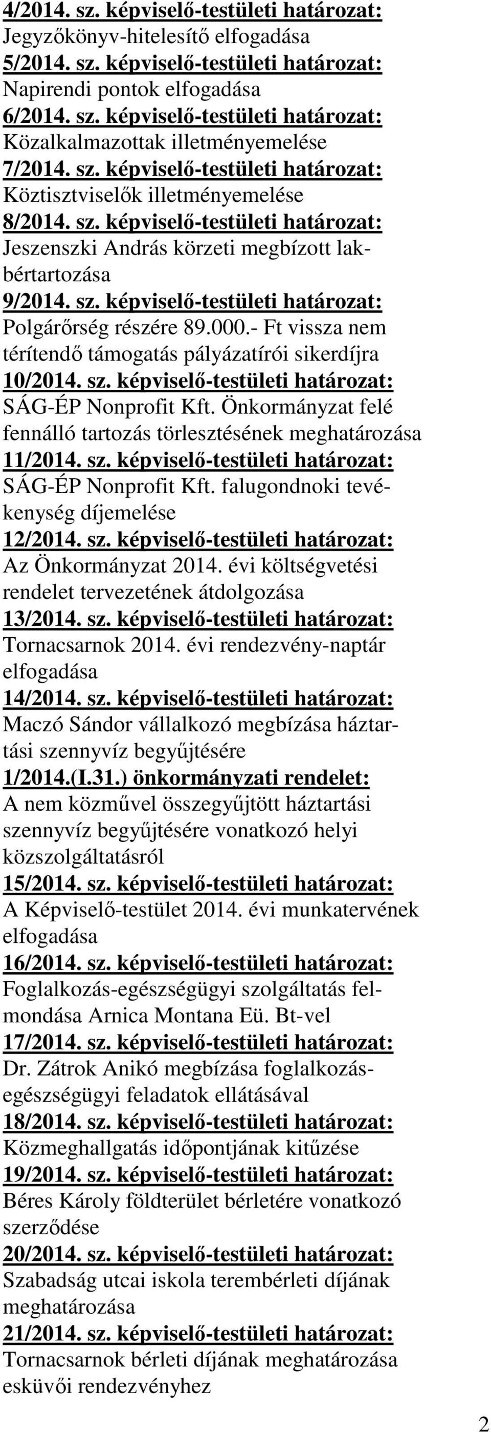 000.- Ft vissza nem térítendő támogatás pályázatírói sikerdíjra 10/2014. sz. képviselő-testületi határozat: SÁG-ÉP Nonprofit Kft.