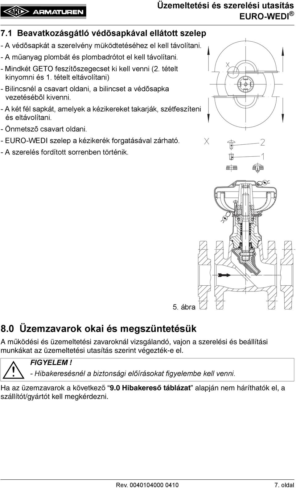 - A két fél sapkát, amelyek a kézikereket takarják, szétfeszíteni és eltávolítani. - Önmetszõ csavart oldani. - EURO-WEDI szelep a kézikerék forgatásával zárható.