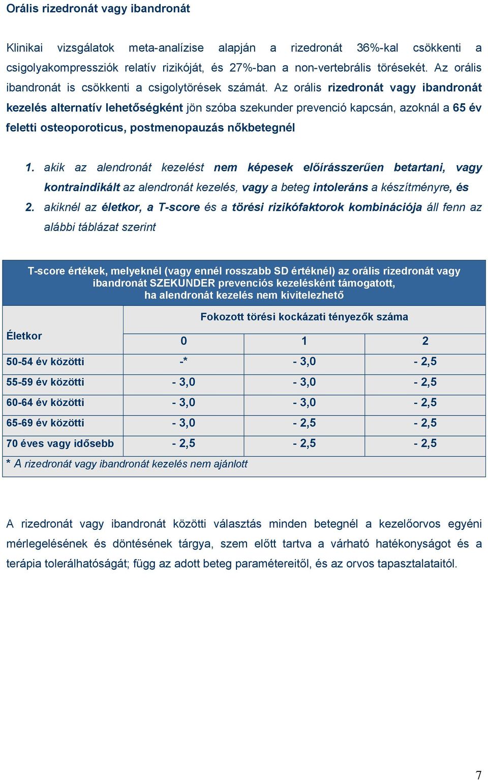 Az orális rizedronát vagy ibandronát kezelés alternatív lehetőségként jön szóba szekunder prevenció kapcsán, azoknál a 65 év feletti osteoporoticus, postmenopauzás nőkbetegnél 1.