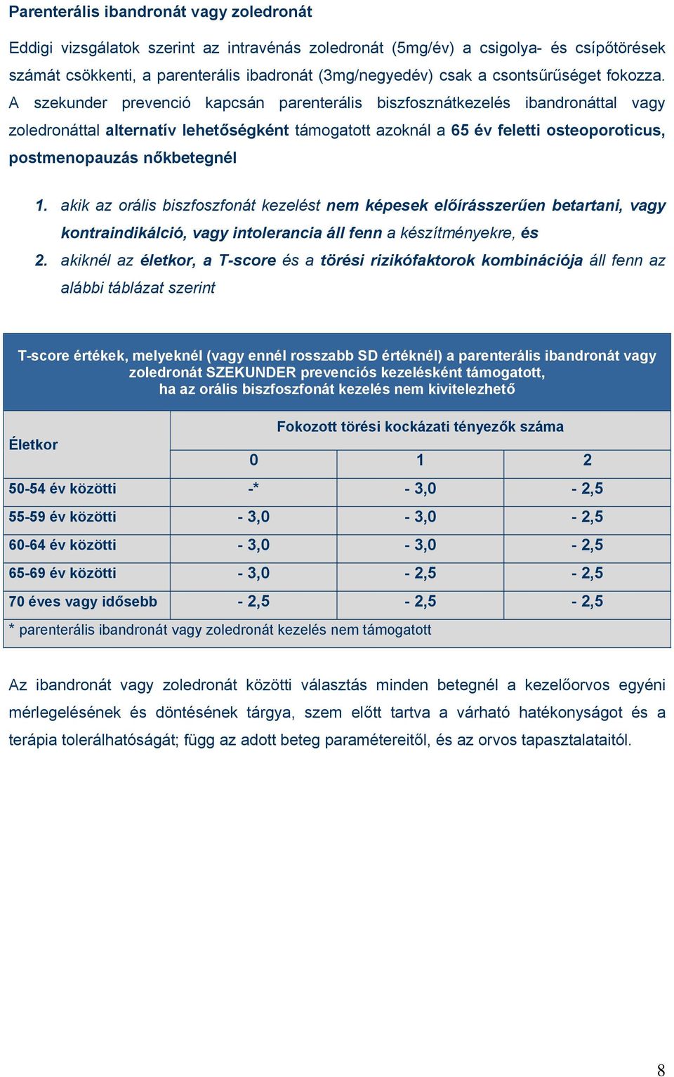 A szekunder prevenció kapcsán parenterális biszfosznátkezelés ibandronáttal vagy zoledronáttal alternatív lehetőségként támogatott azoknál a 65 év feletti osteoporoticus, postmenopauzás nőkbetegnél 1.