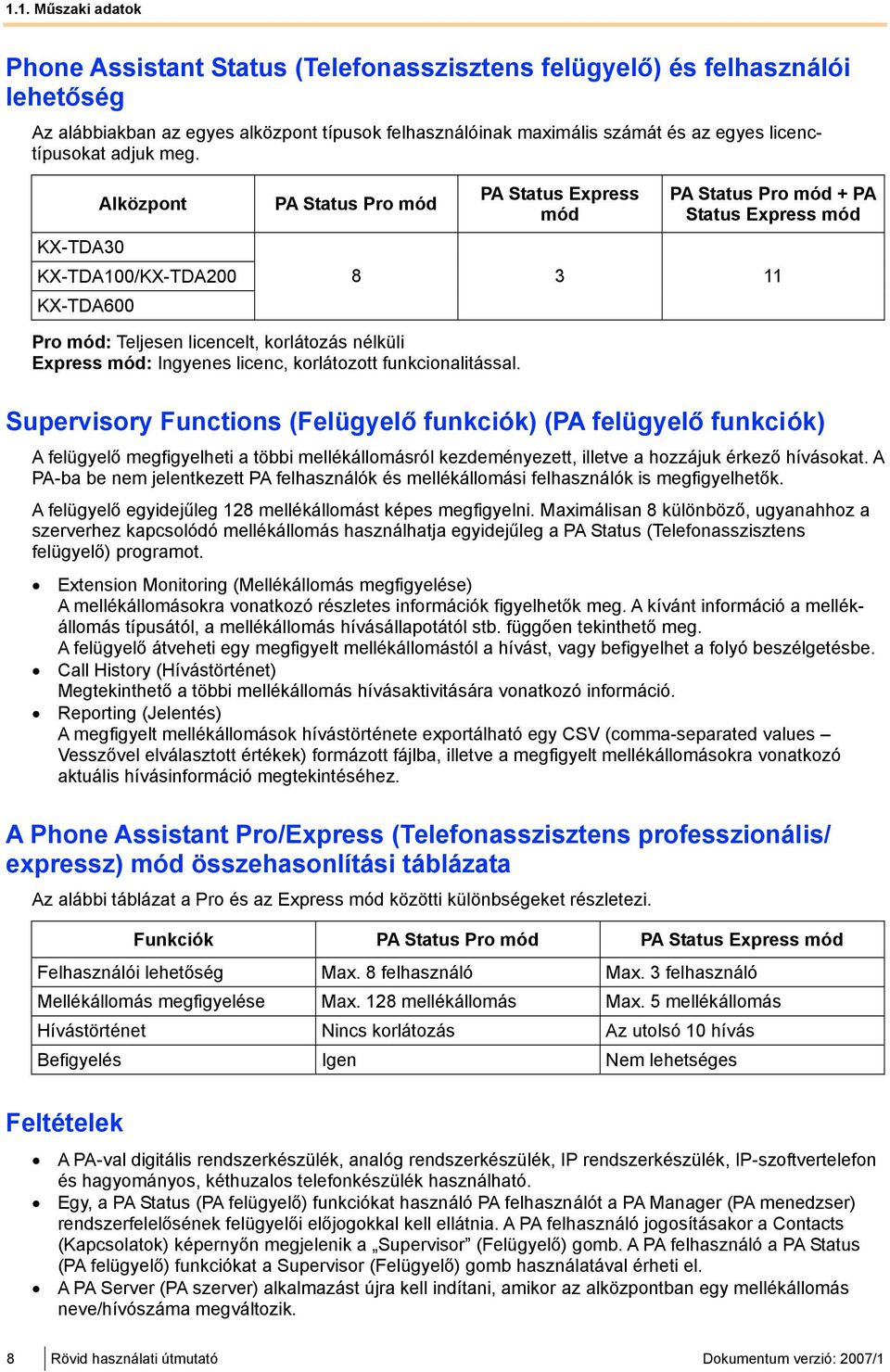 Alközpont KX-TDA30 KX-TDA100/KX-TDA200 KX-TDA600 PA Status Pro mód PA Status Express mód PA Status Pro mód + PA Status Express mód 8 3 11 Pro mód: Teljesen licencelt, korlátozás nélküli Express mód: