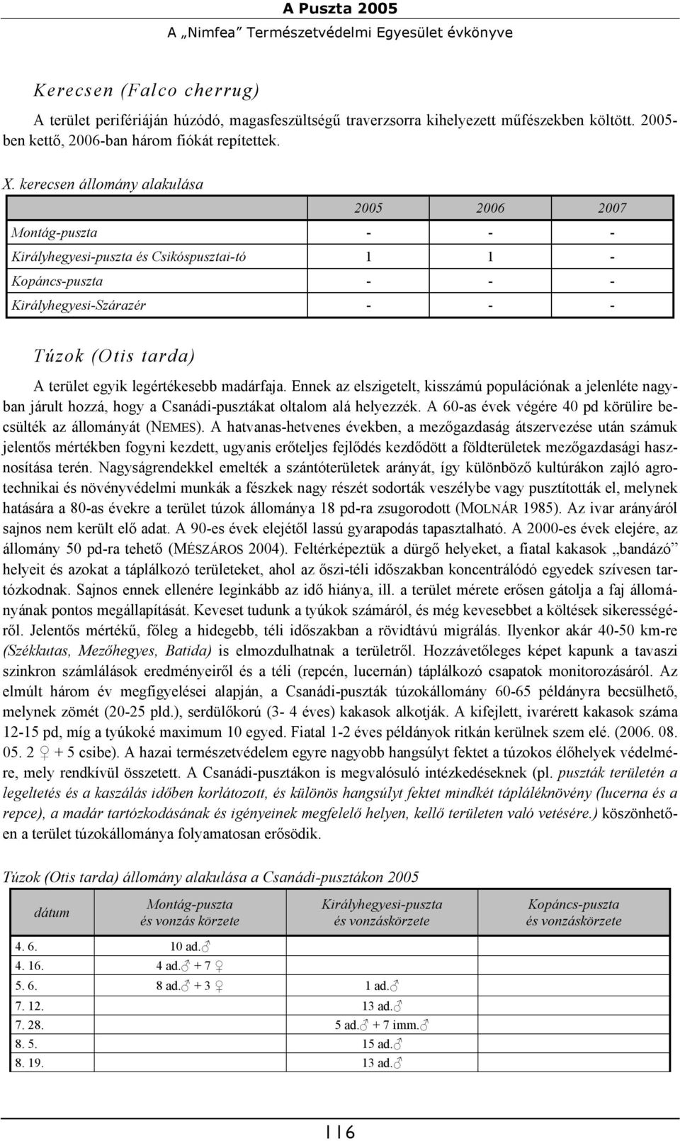 kerecsen állomány alakulása Montág-puszta - - - Királyhegyesi-puszta és Csikóspusztai-tó 1 1 - Túzok (Otis tarda) A terület egyik legértékesebb madárfaja.