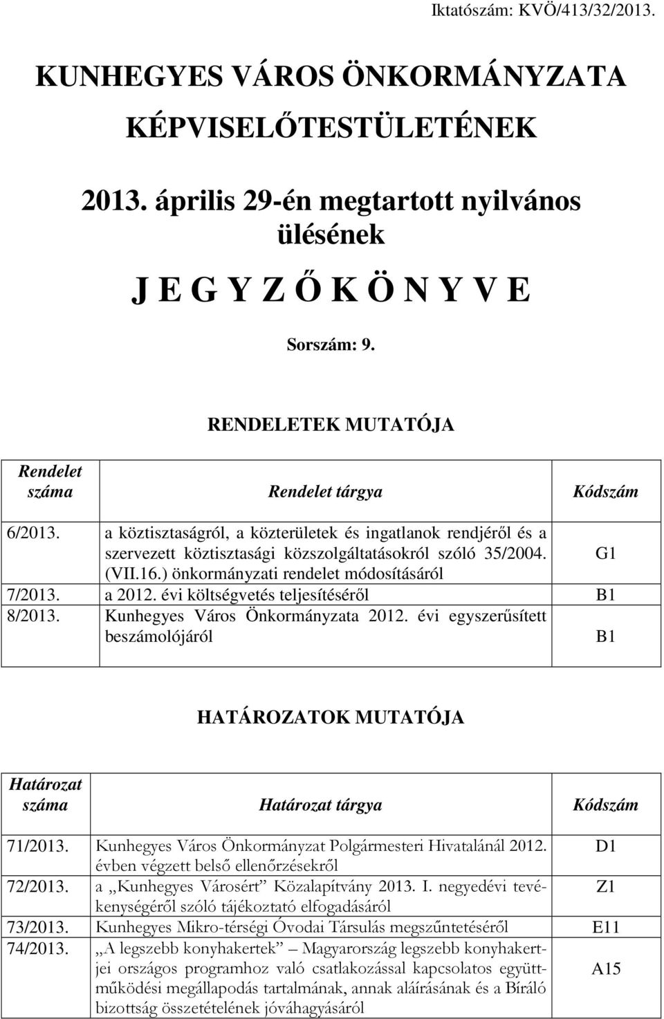 16.) önkormányzati rendelet módosításáról 7/2013. a 2012. évi költségvetés teljesítéséről B1 8/2013. Kunhegyes Város Önkormányzata 2012.