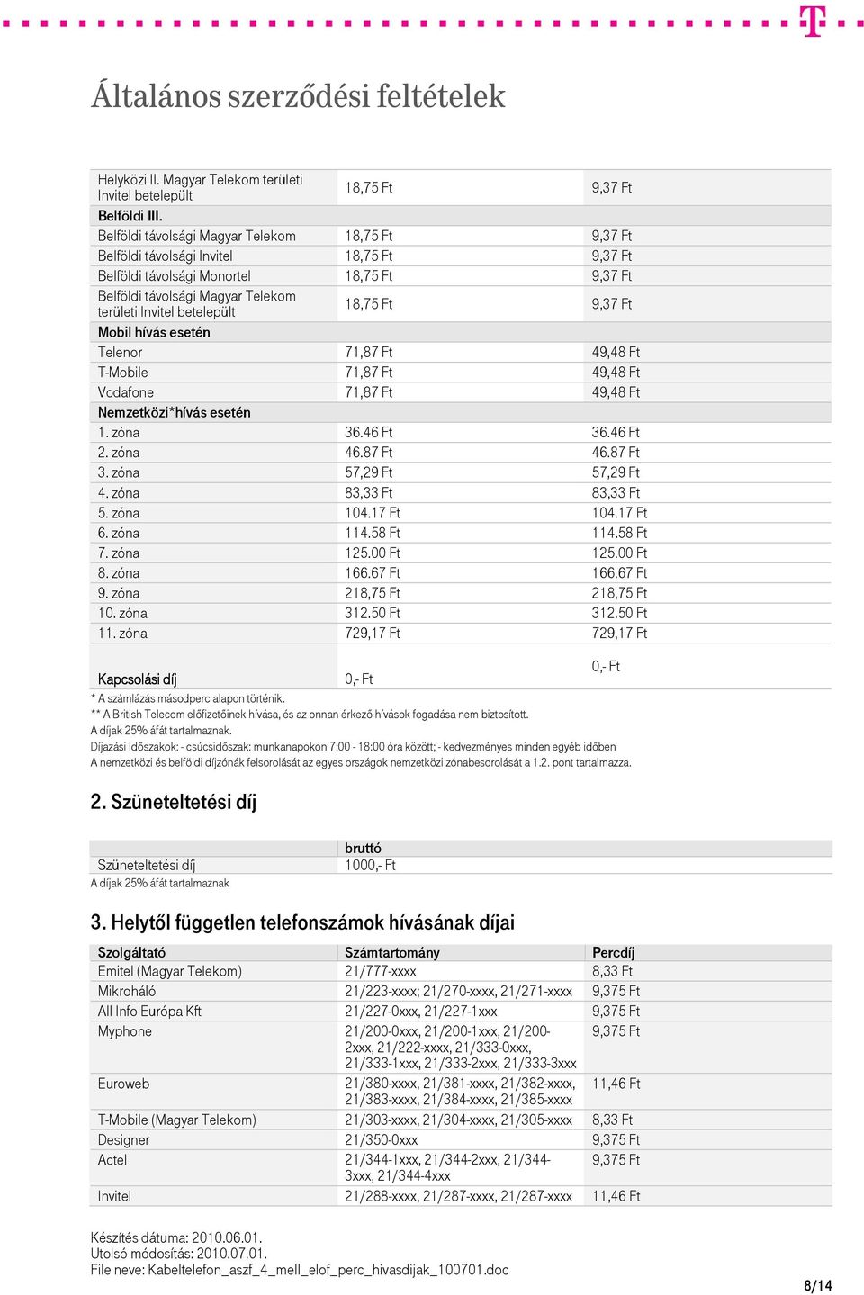 betelepült 18,75 Ft 9,37 Ft Mobil hívás esetén Telenor 71,87 Ft 49,48 Ft T-Mobile 71,87 Ft 49,48 Ft Vodafone 71,87 Ft 49,48 Ft Nemzetközi*hívás esetén 1. zóna 36.46 Ft 36.46 Ft 2. zóna 46.87 Ft 46.