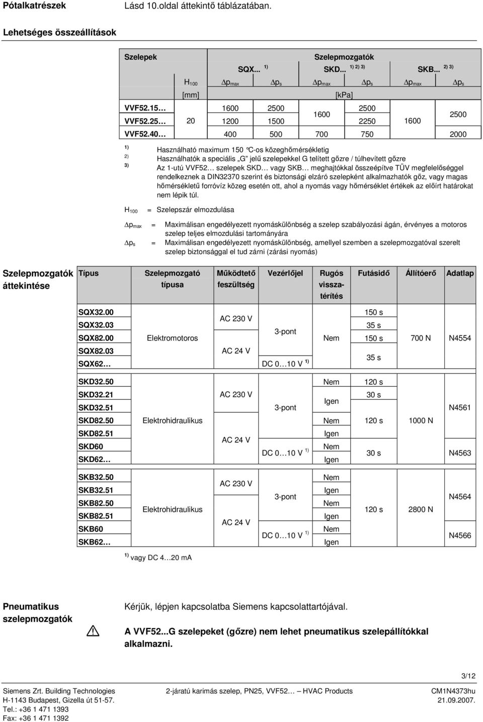 40 400 500 700 750 2000 ) 2) ) H 00 Használható maximum 50 C-os közeghőmérsékletig Használhatók a speciális G jelű szelepekkel G telített gőzre / túlhevített gőzre Az -utú VVF52 szelepek SKD vagy SKB