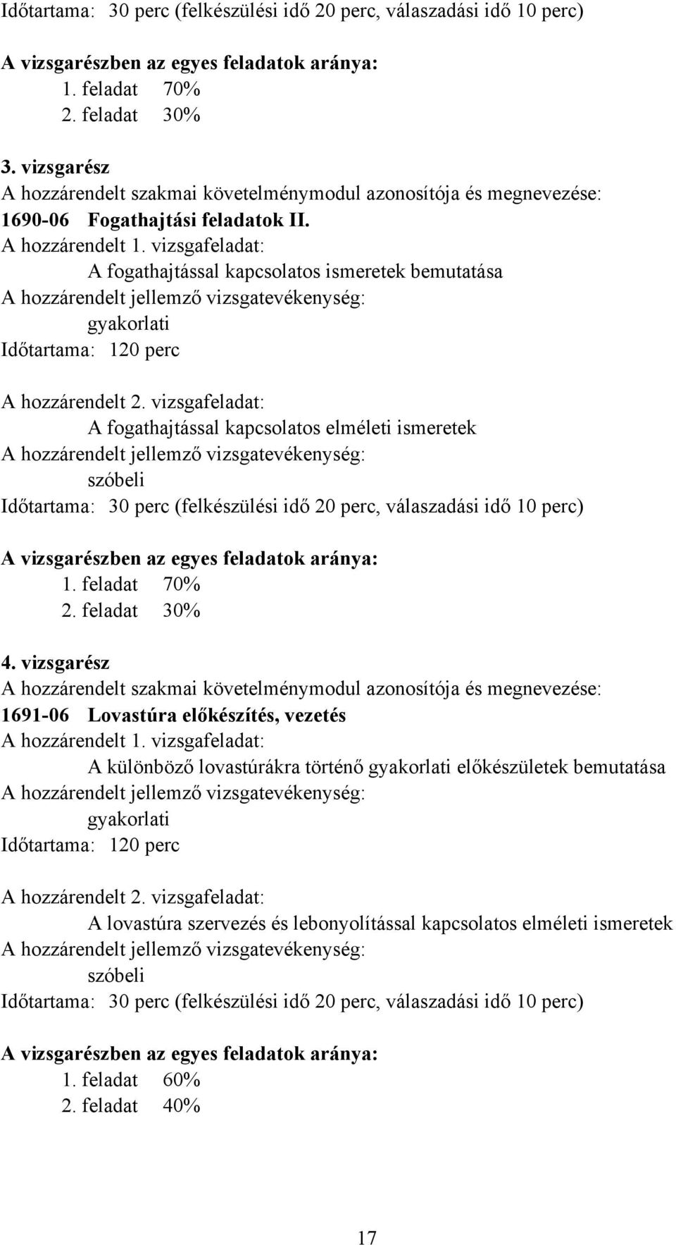 vizsgafeladat: A fogathajtással kapcsolatos ismeretek bemutatása gyakorlati Időtartama: 120 perc A hozzárendelt 2.