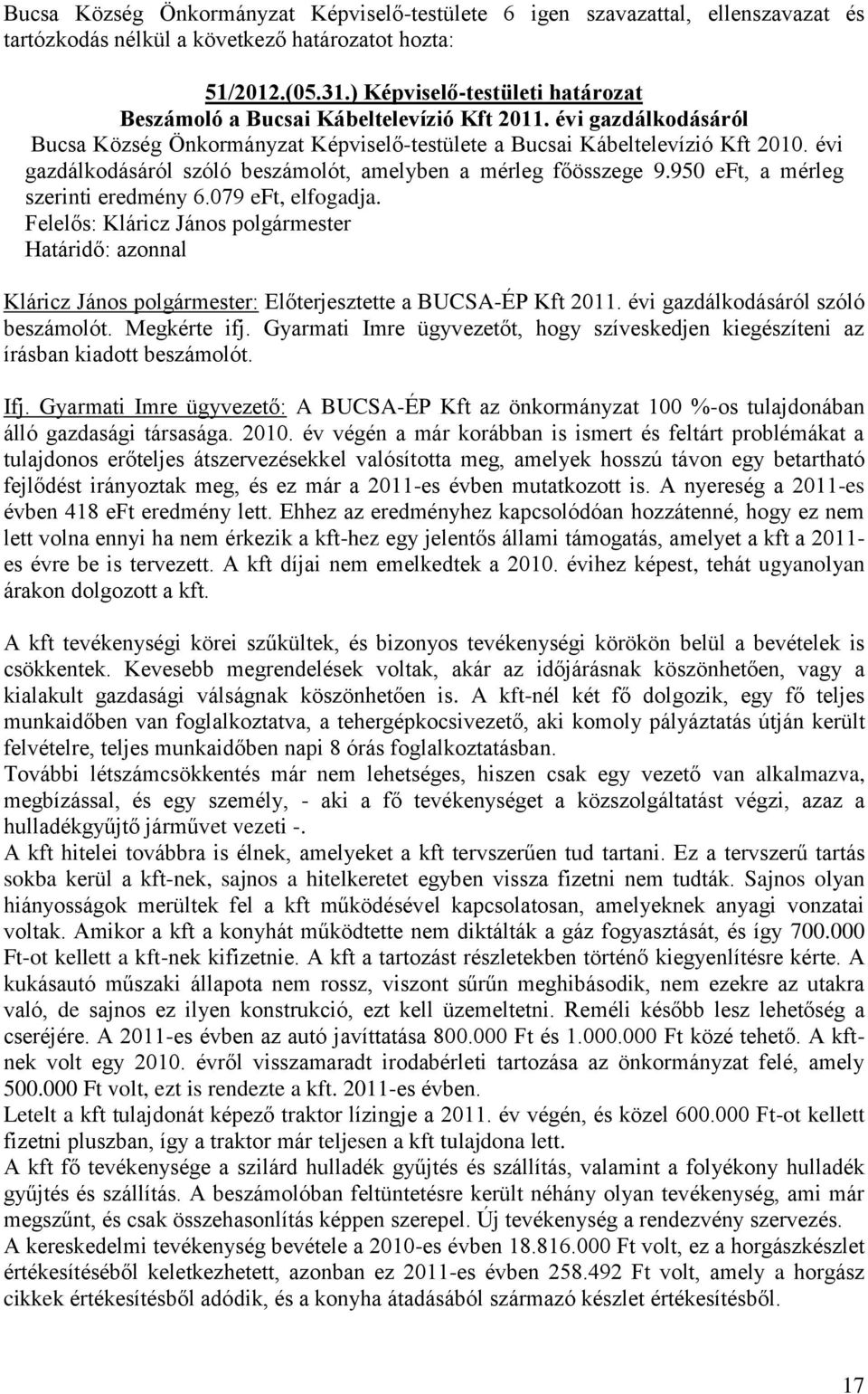 évi gazdálkodásáról szóló beszámolót, amelyben a mérleg főösszege 9.950 eft, a mérleg szerinti eredmény 6.079 eft, elfogadja.