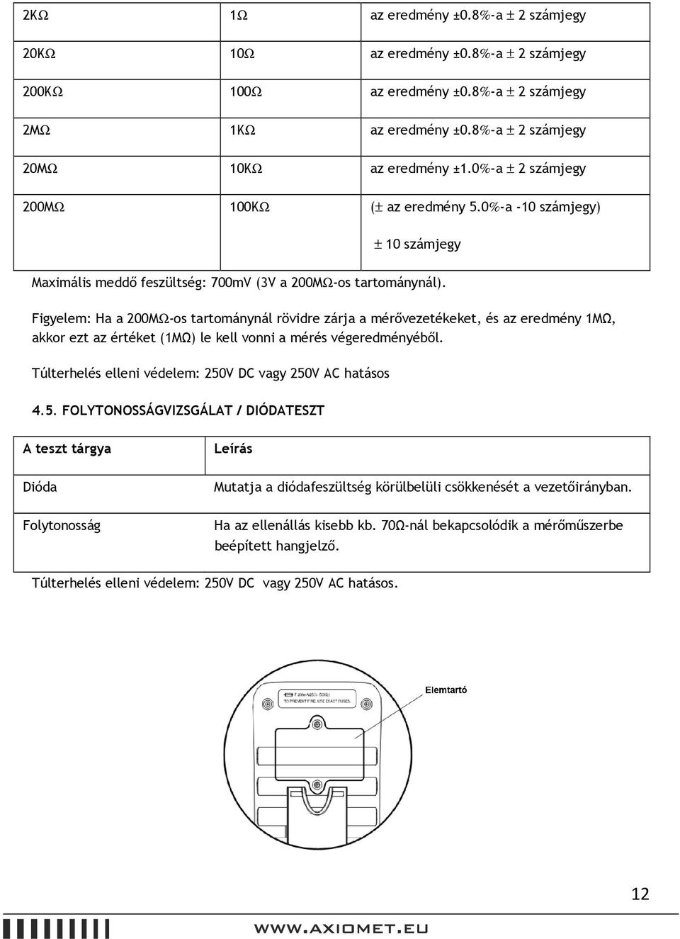 Figyelem: Ha a 200MΩ-os tartománynál rövidre zárja a mérővezetékeket, és az eredmény 1MΩ, akkor ezt az értéket (1MΩ) le kell vonni a mérés végeredményéből.