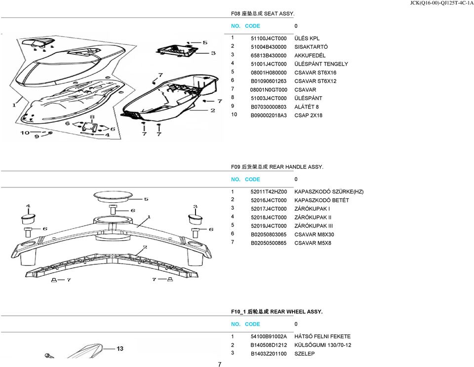 ST6X12 7 08001N0GT000 CSAVAR 8 51003J4CT000 ÜLÉSPÁNT 9 B07030000803 ALÁTÉT 8 10 B090002018A3 CSAP 2X18 F09 后 货 架 总 成 REAR HANDLE ASSY.