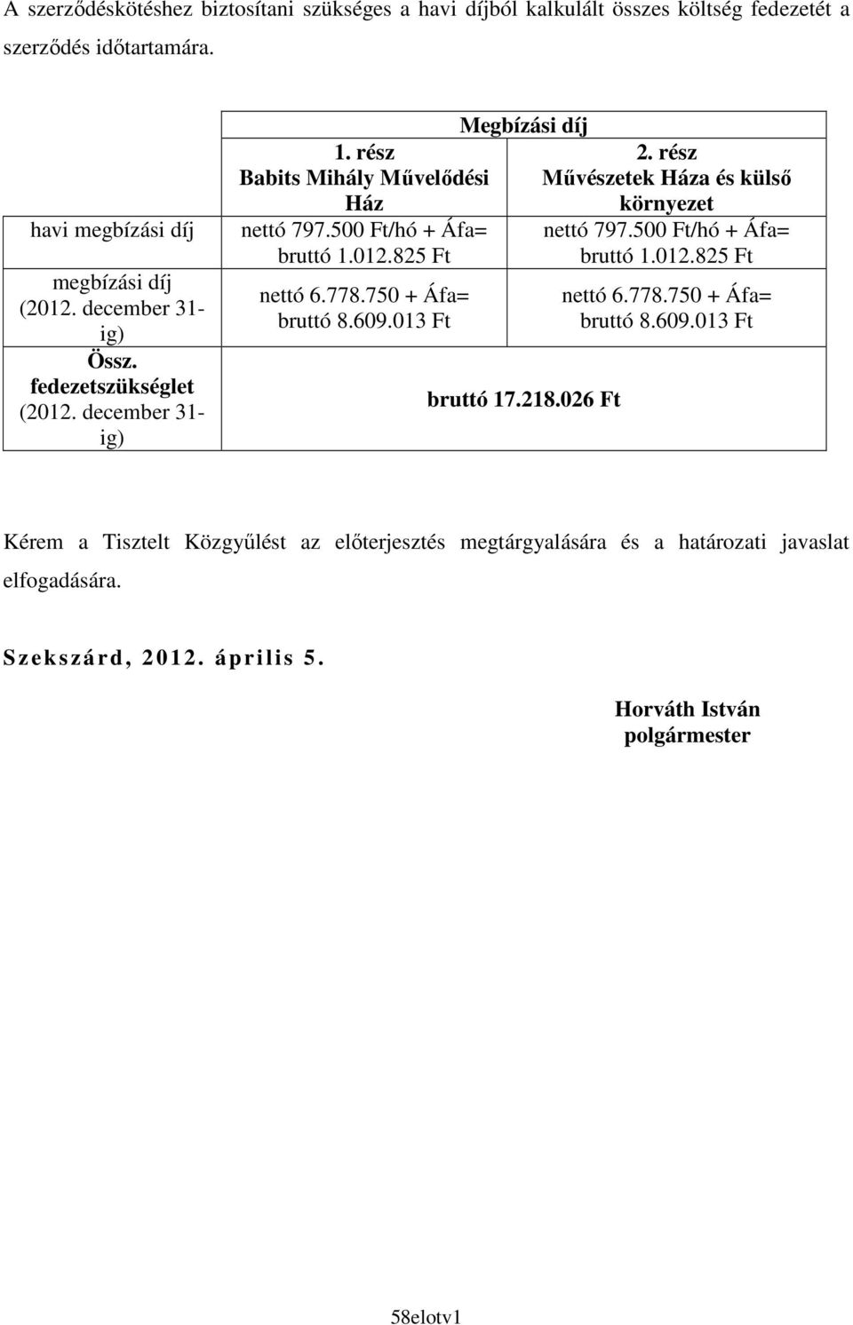 750 + Áfa= bruttó 8.609.013 Ft Megbízási díj bruttó 17.218.026 Ft nettó 797.500 Ft/hó + Áfa= bruttó 1.012.825 Ft nettó 6.778.750 + Áfa= bruttó 8.609.013 Ft Kérem a Tisztelt Közgyőlést az elıterjesztés megtárgyalására és a határozati javaslat elfogadására.