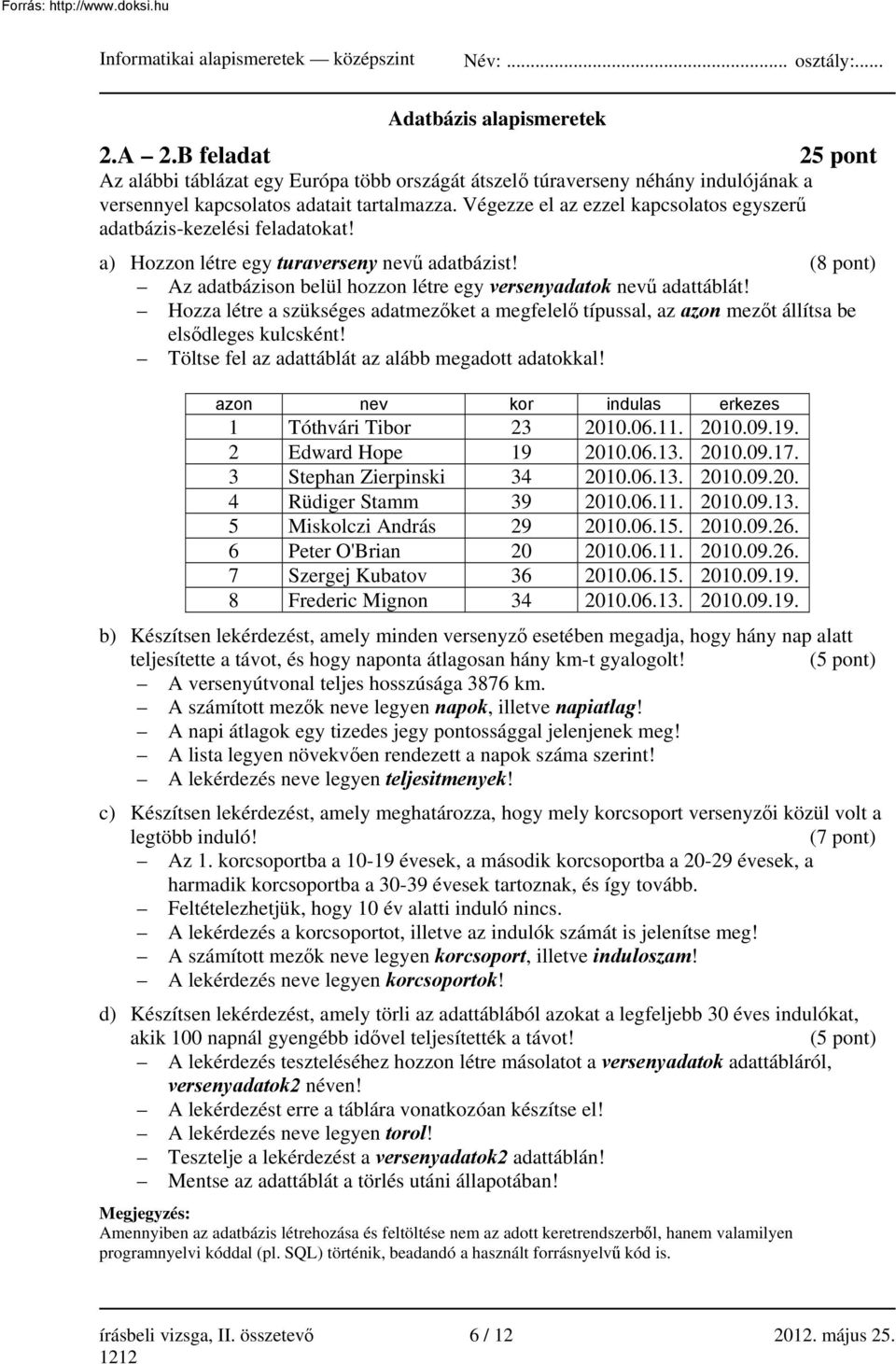 Hozza létre a szükséges adatmezőket a megfelelő típussal, az azon mezőt állítsa be elsődleges kulcsként! Töltse fel az adattáblát az alább megadott adatokkal!