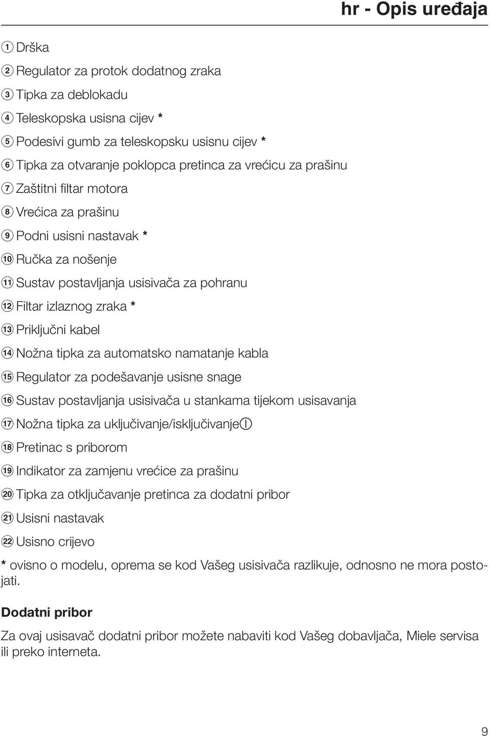 namatanje kabla Regulator za podešavanje usisne snage Sustav postavljanja usisivača u stankama tijekom usisavanja Nožna tipka za uključivanje/isključivanje Pretinac s priborom Indikator za zamjenu