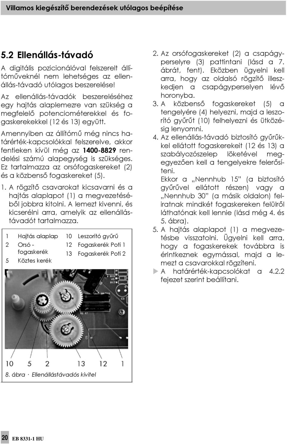 Amennyiben az állítómű még nincs határérték-kapcsolókkal felszerelve, akkor fentieken kívül még az 1400-8829 rendelési számú alapegység is szükséges.