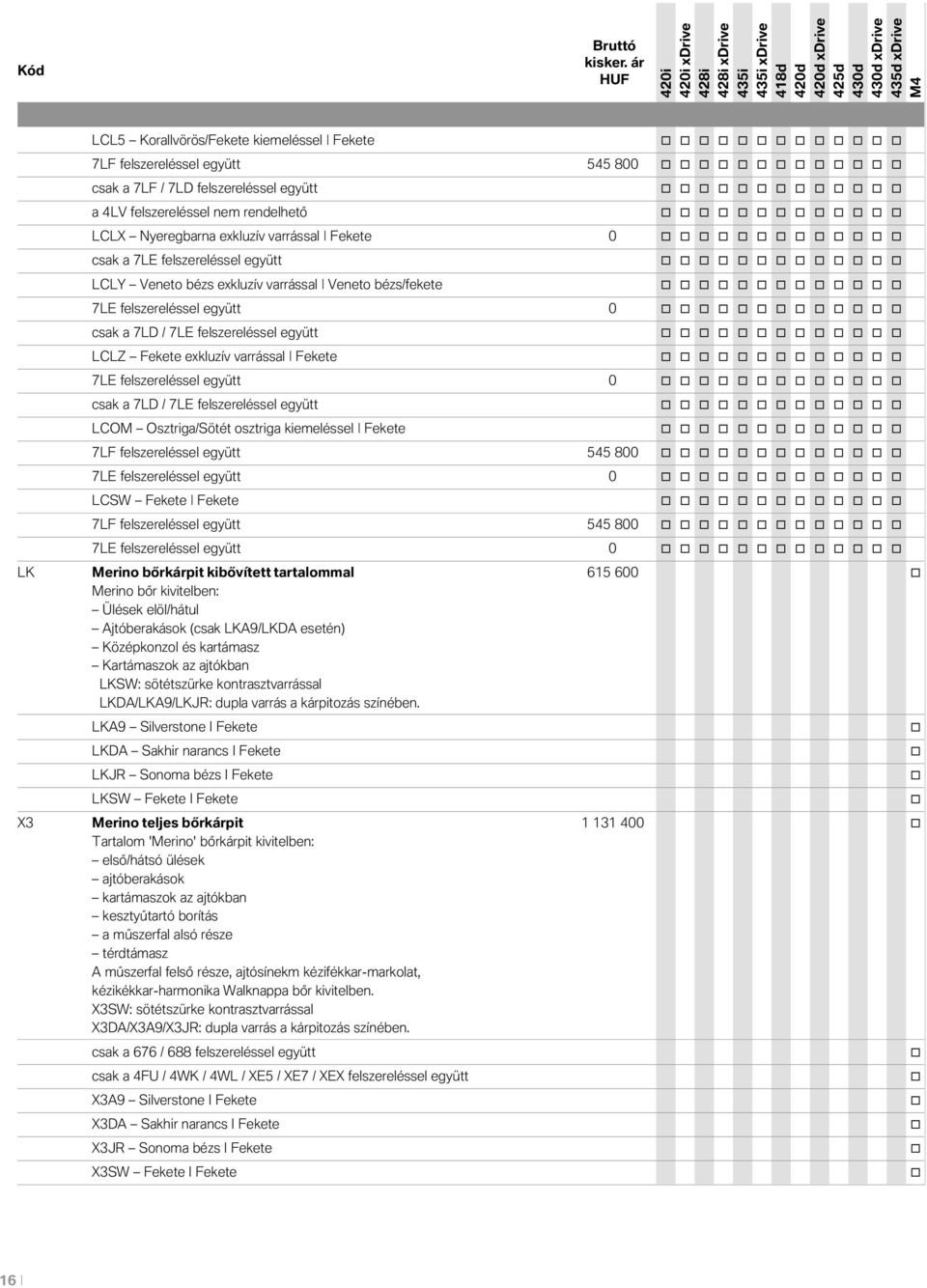 7LE felszereléssel együtt 0 csak a 7LD / 7LE felszereléssel együtt LCOM Osztriga/Sötét sztriga kiemeléssel Fekete 7LF felszereléssel együtt 545 800 7LE felszereléssel együtt 0 LCSW Fekete Fekete 7LF