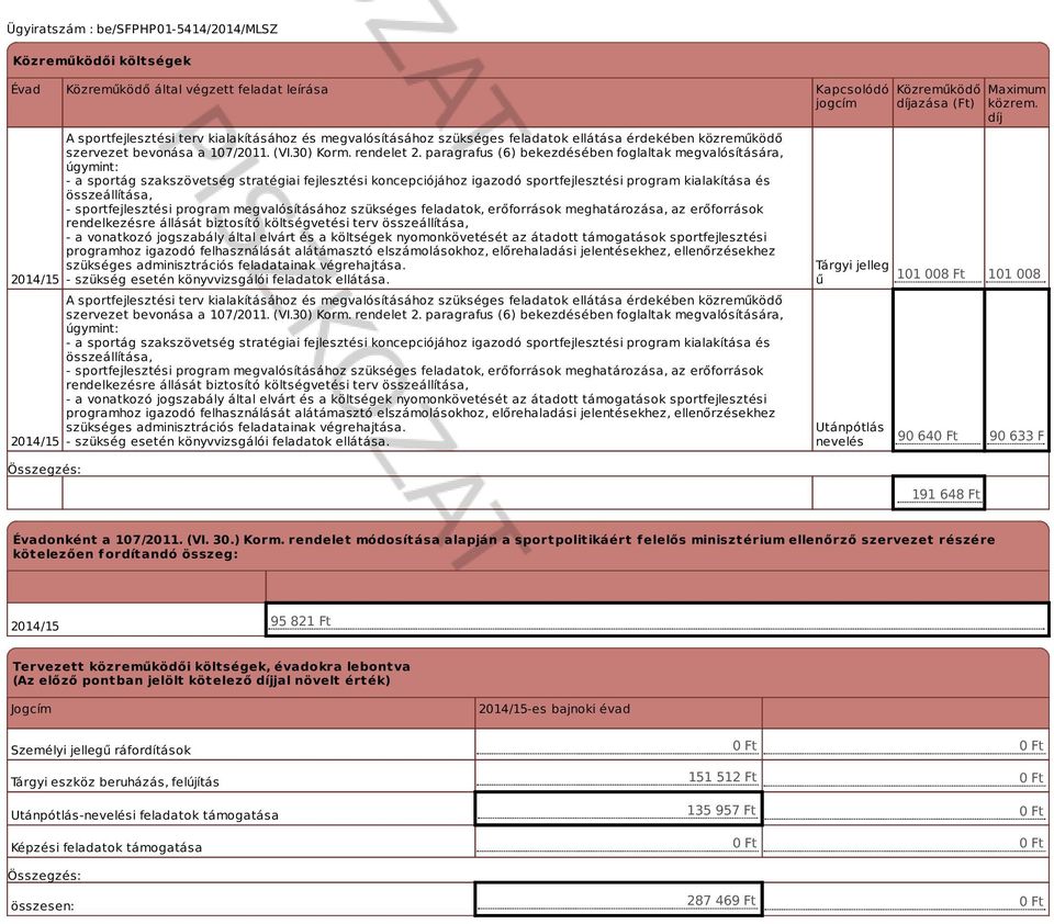 paragrafus (6) bekezdésében foglaltak megvalósítására, úgymint: - a sportág szakszövetség stratégiai fejlesztési koncepciójához igazodó sportfejlesztési program kialakítása és összeállítása, -