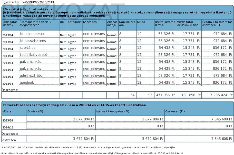 hó Bruttó juttatás (Ft/hó) Munkáltatói járulékok (Ft/hó) Évadra jutó ráfordítás összesen (Ft) klubmenedzser Nem Egyéb nem releváns Normál 8 12 63 326 Ft 17 731 Ft 972 684 Ft klubasszisztens Nem Egyéb