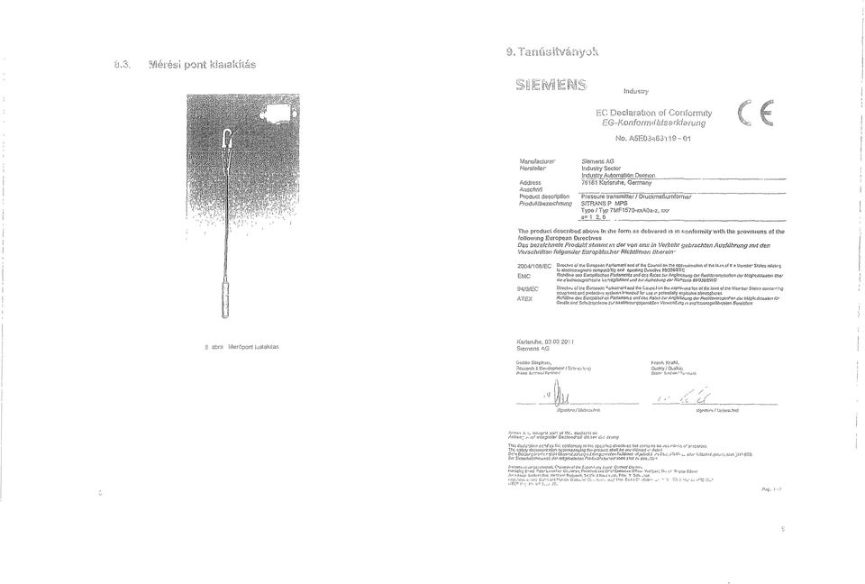 Druckmeíkimforrner SITRANSP MPS Type /Typ 7MF157D-xxAQa-z, w a= 1 2, 6 Tho product described ab ovis!