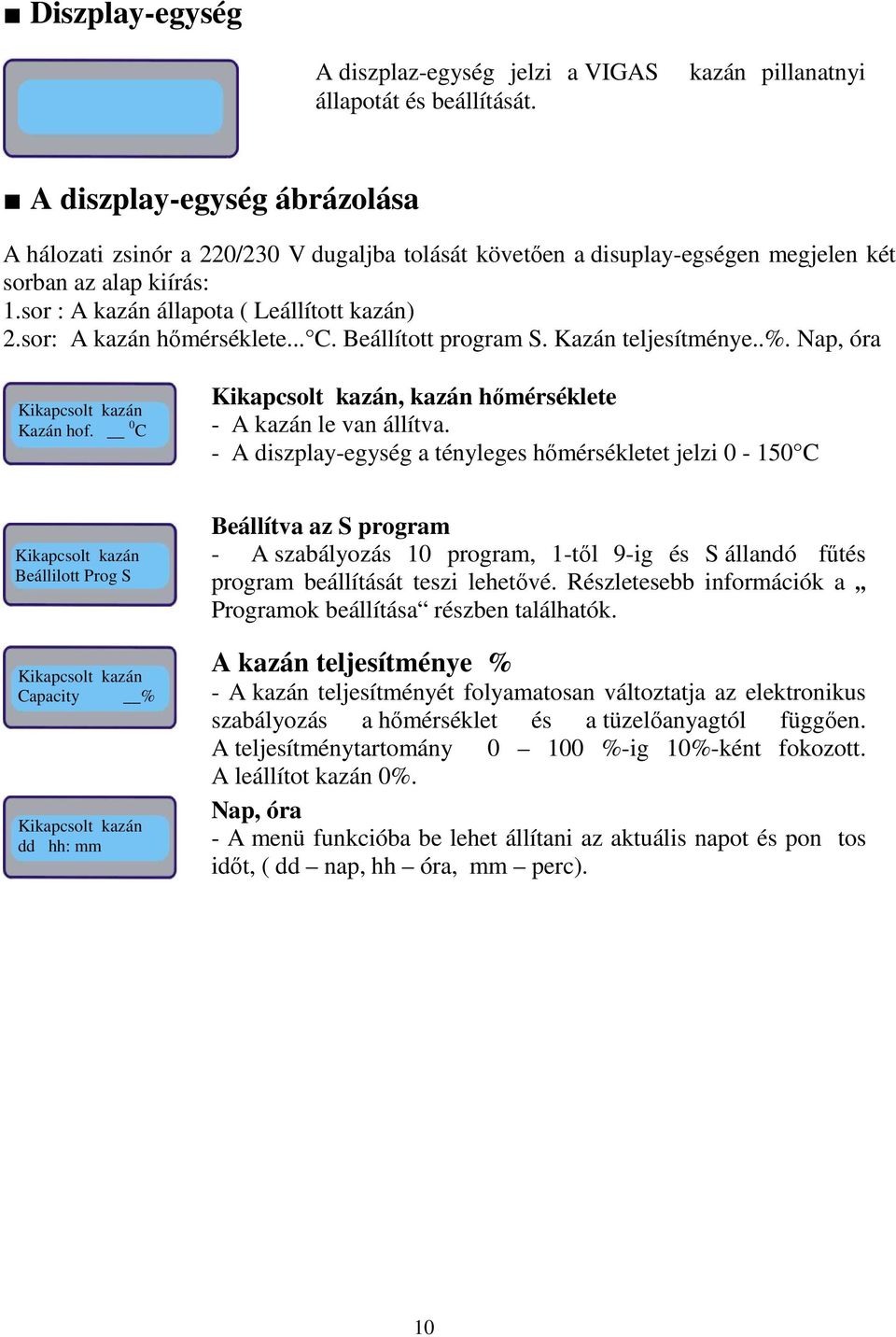 sor : A kazán állapota ( Leállított kazán) 2.sor: A kazán hőmérséklete... C. Beállított program S. Kazán teljesítménye..%.