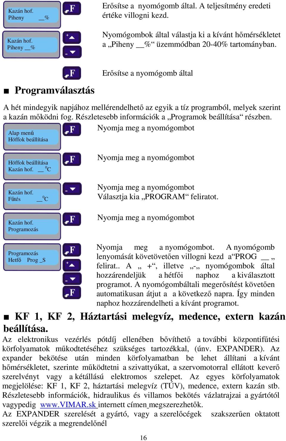 Erősítse a nyomógomb által Programválasztás A hét mindegyik napjához mellérendelhető az egyik a tíz programból, melyek szerint a kazán mőködni fog.