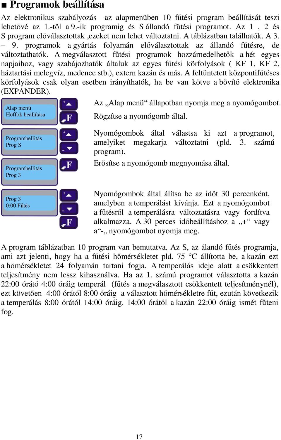 A megválasztott fűtési programok hozzárnedelhetők a hét egyes napjaihoz, vagy szabájozhatók általuk az egyes fűtési körfolyások ( KF 1, KF 2, háztartási melegvíz, medence stb.), extern kazán és más.