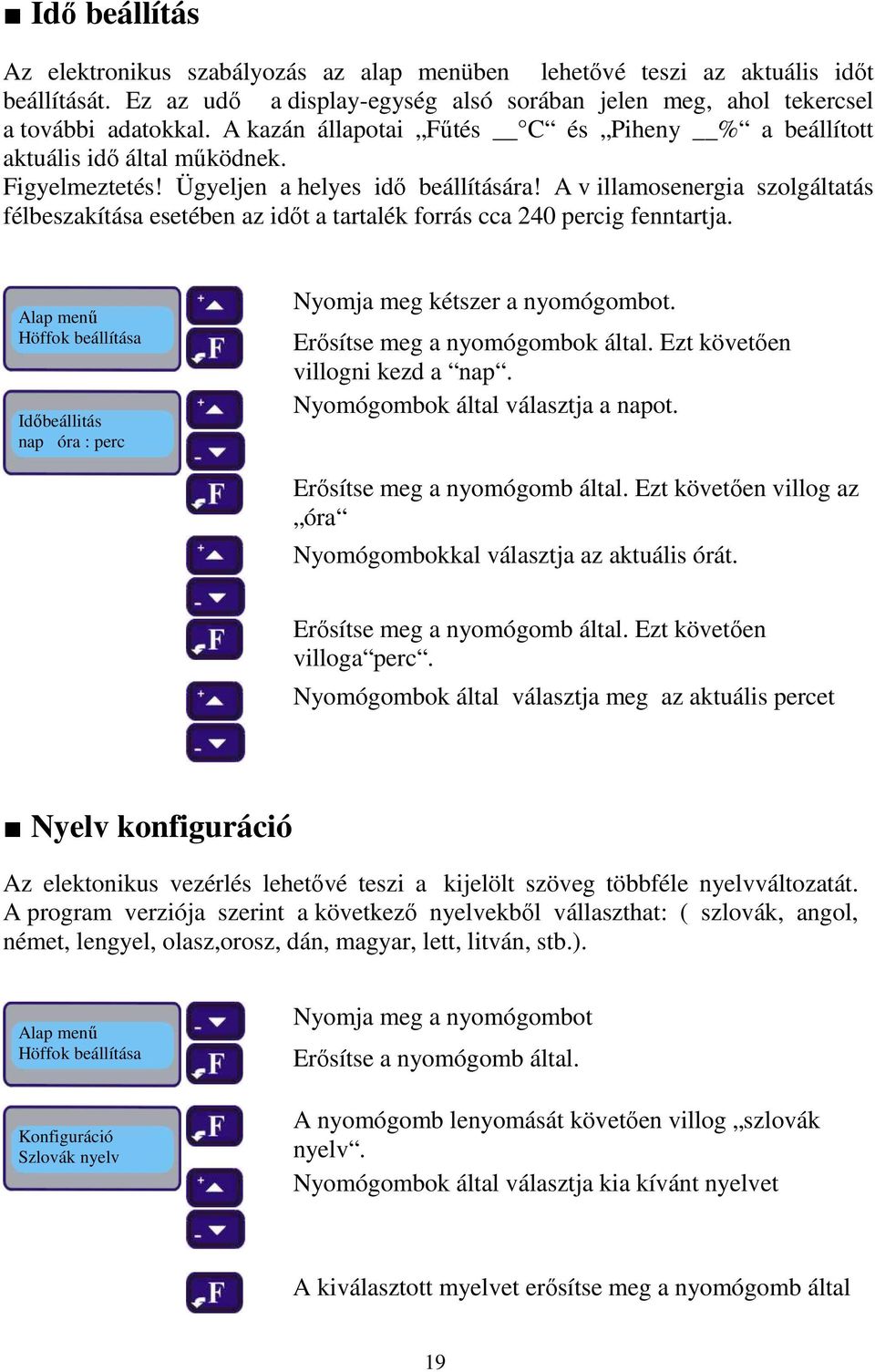 A v illamosenergia szolgáltatás félbeszakítása esetében az időt a tartalék forrás cca 240 percig fenntartja. Alap menű Höffok beállítása Időbeállitás nap óra : perc Nyomja meg kétszer a nyomógombot.