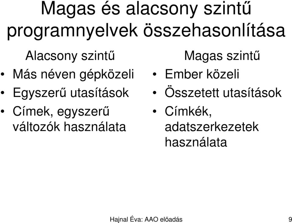 egyszerő változók használata Magas szintő Ember közeli