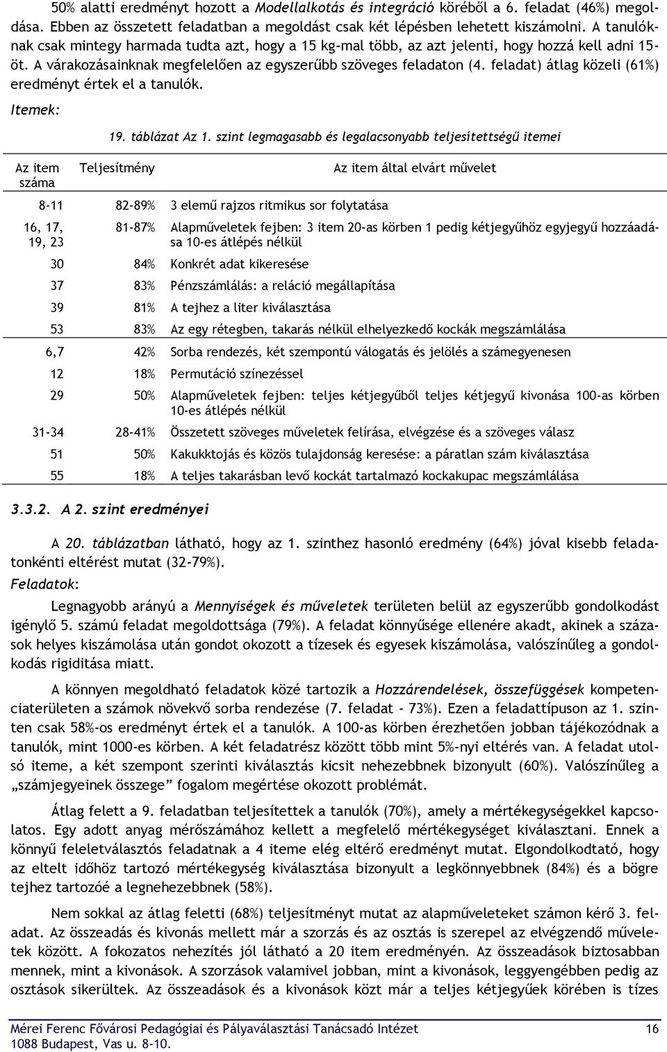 feladat) átlag közeli (61%) eredményt értek el a tanulók. Itemek: Az item száma 19. táblázat Az 1.