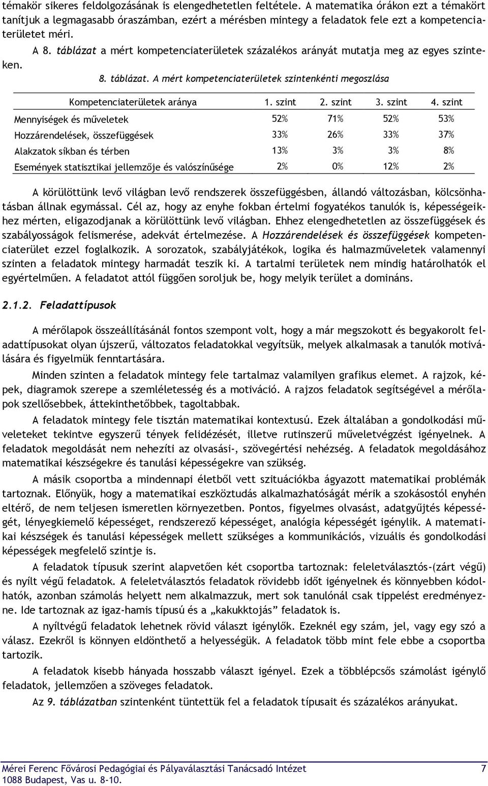 táblázat a mért kompetenciaterületek százalékos arányát mutatja meg az egyes szinteken. 8. táblázat. A mért kompetenciaterületek szintenkénti megoszlása Kompetenciaterületek aránya 1. szint 2.