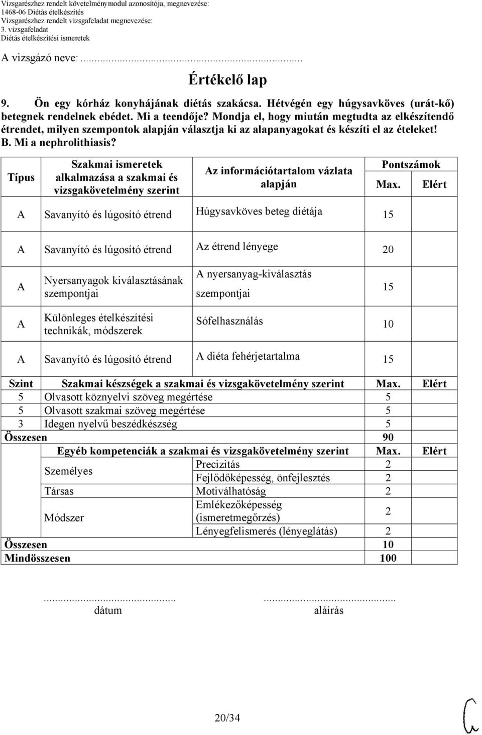 Típus Szakmai ismeretek alkalmazása a szakmai és vizsgakövetelmény szerint z információtartalom vázlata alapján Pontszámok Max.