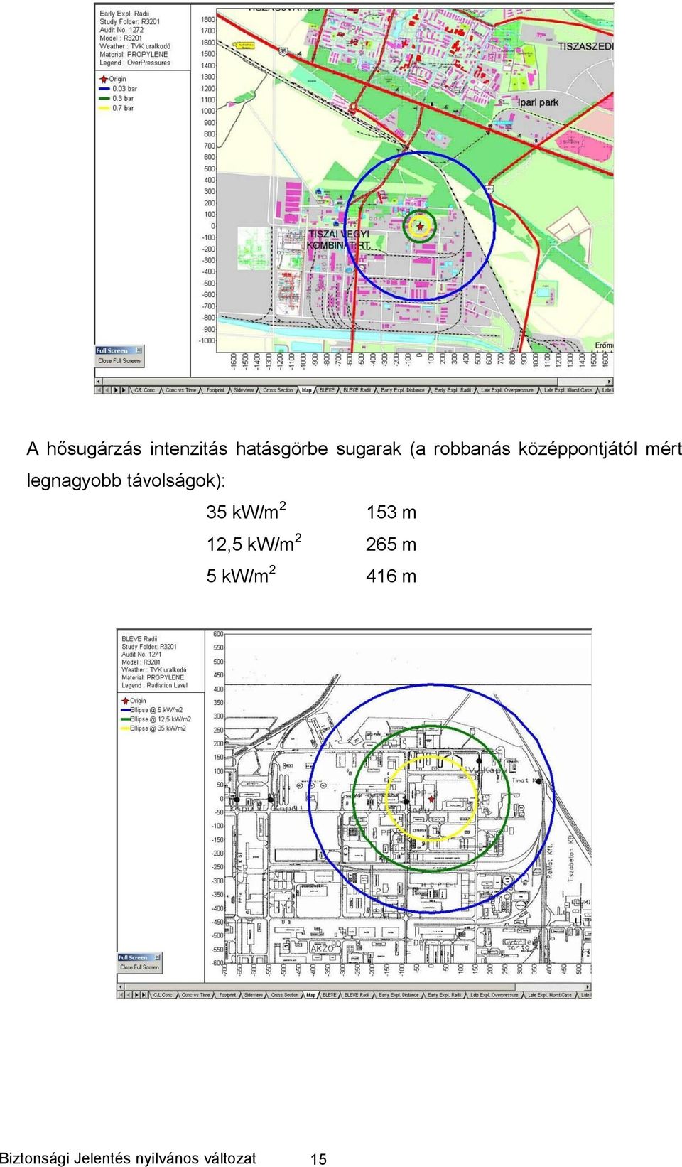 távolságok): 35 kw/m 2 153 m 12,5 kw/m 2 265 m