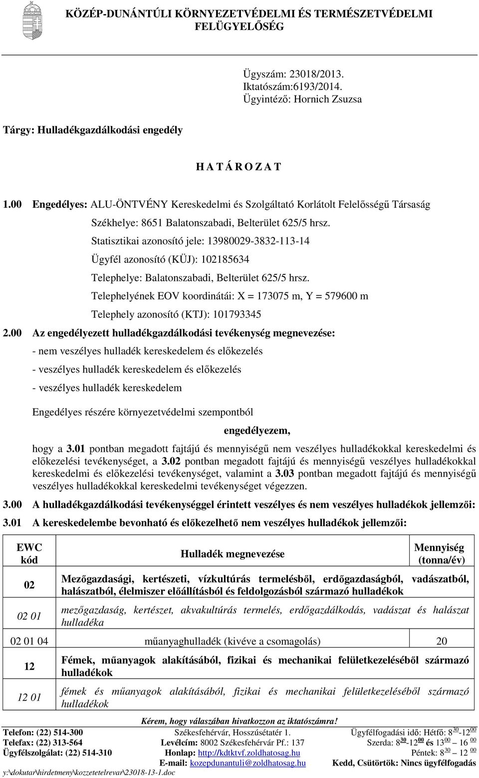 Statisztikai azonosító jele: 13980029-3832-113-14 Ügyfél azonosító (KÜJ): 102185634 Telephelye: Balatonszabadi, Belterület 625/5 hrsz.