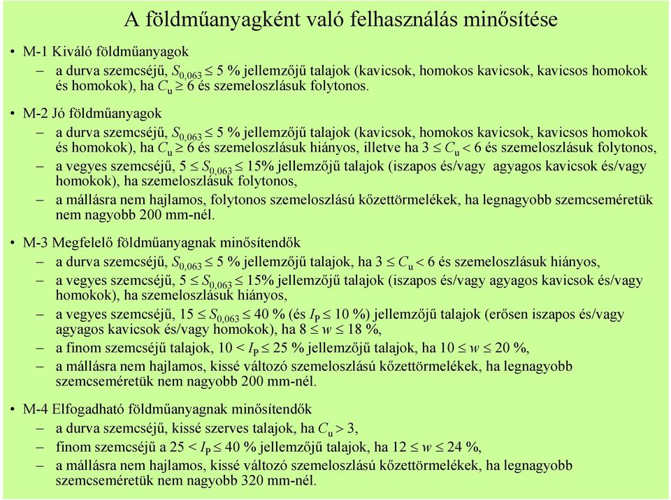 M-2 Jó földmőanyagok a durva szemcséjő, S 0,063 5 % jellemzıjő talajok (kavicsok, homokos kavicsok, kavicsos homokok és homokok), ha C u 6 és szemeloszlásuk hiányos, illetve ha 3 C u < 6 és