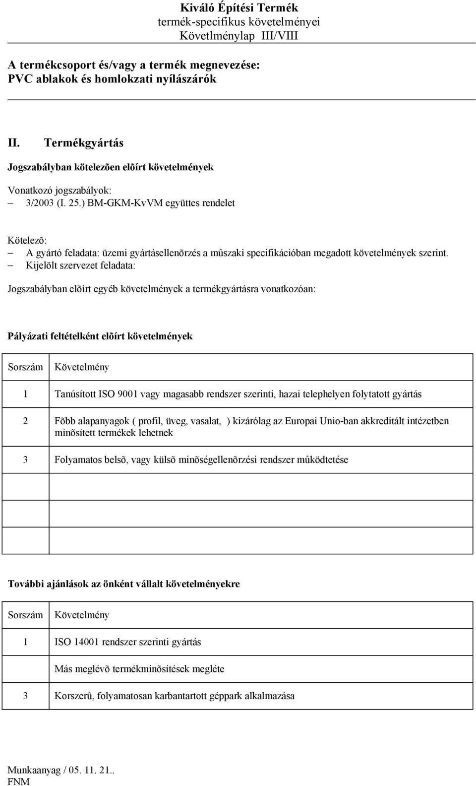 Kijelölt szervezet feladata: Jogszabályban elõírt egyéb követelmények a termékgyártásra vonatkozóan: 1 Tanúsított ISO 9001 vagy magasabb rendszer szerinti, hazai telephelyen folytatott gyártás 2