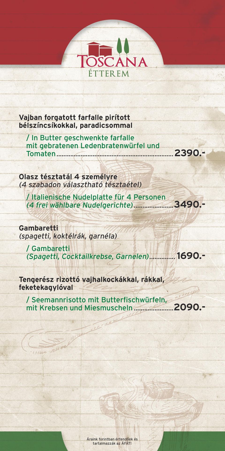 Olasz tésztatál 4 személyre (4 szabadon választható tésztaétel) / Italienische Nudelplatte für 4 Personen (4 frei wählbare