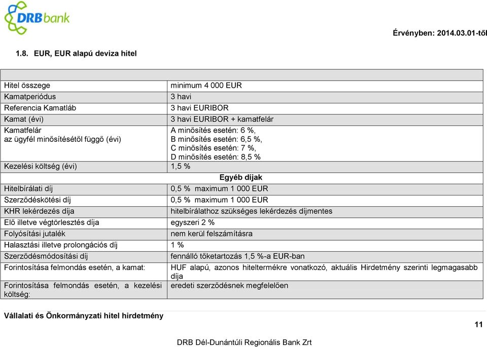 felmondás esetén, a kamat: Forintosítása felmondás esetén, a kezelési költség: 3 havi EURIBOR + kamatfelár A minősítés esetén: 6 %, B minősítés esetén: 6,5 %, C minősítés esetén: 7 %, D minősítés