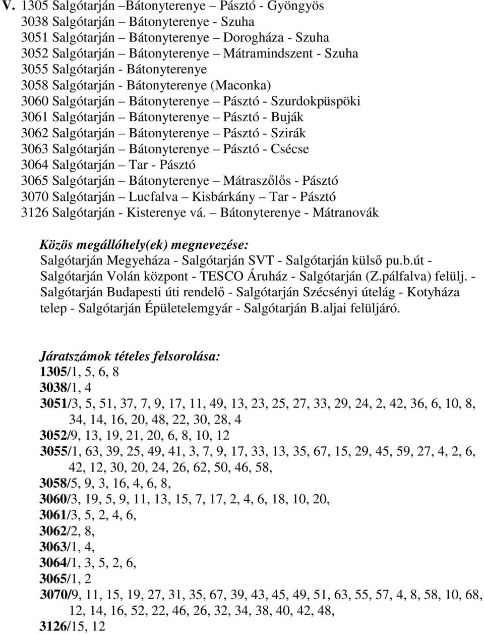 Bátonyterenye Pásztó - Szirák 3063 Salgótarján Bátonyterenye Pásztó - Csécse 3064 Salgótarján Tar - Pásztó 3065 Salgótarján Bátonyterenye Mátraszőlős - Pásztó 3070 Salgótarján Lucfalva Kisbárkány Tar