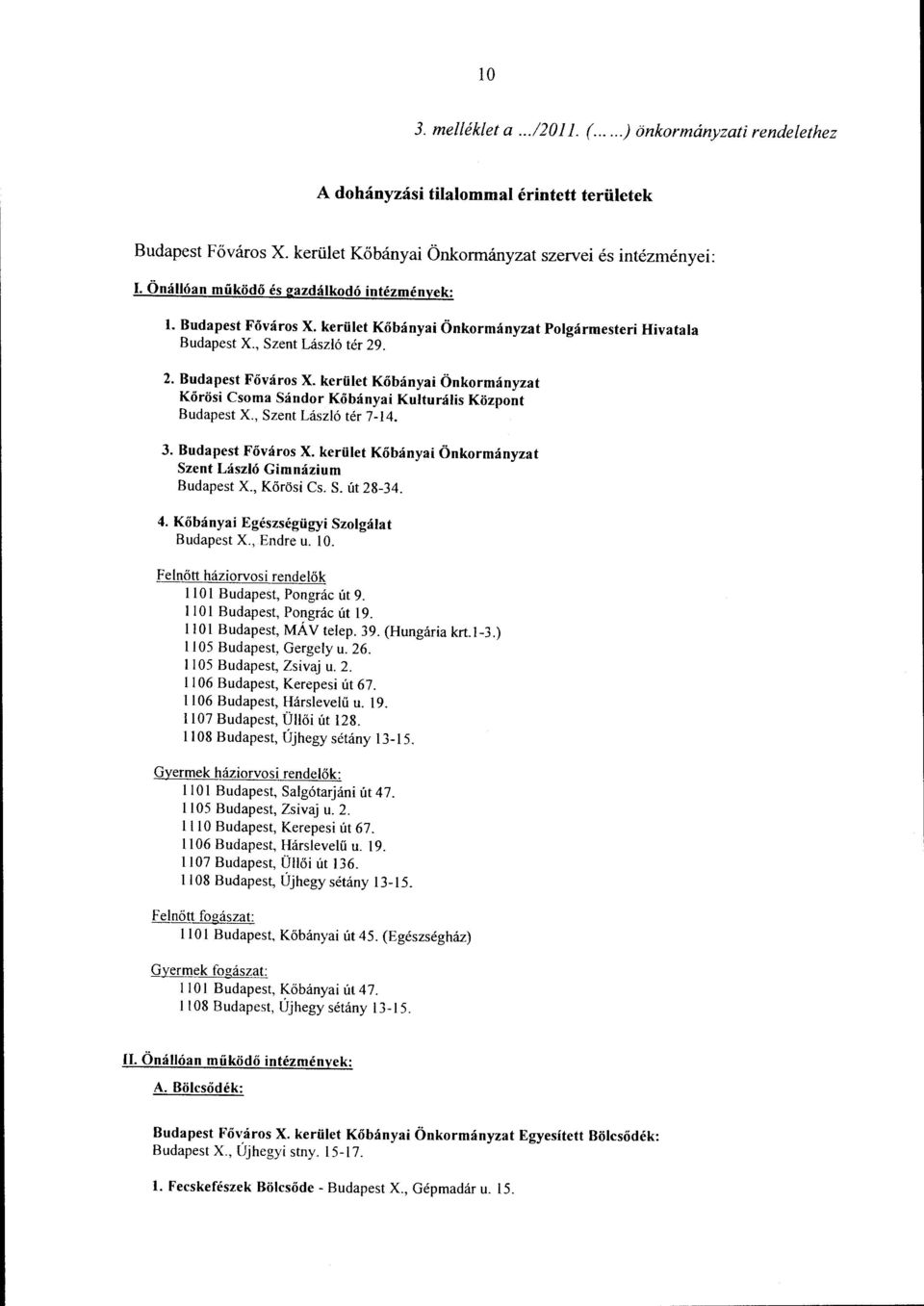 , Szent László tér 7-14. 3. Budapest Főváros X. kerület Kőbányai Önkormányzat Szent László Gimnázium Budapest X., Körösi Cs. S. út 28-34. 4. Kőbányai Egészségügyi Szolgálat Budapest X., Endre u. lo.