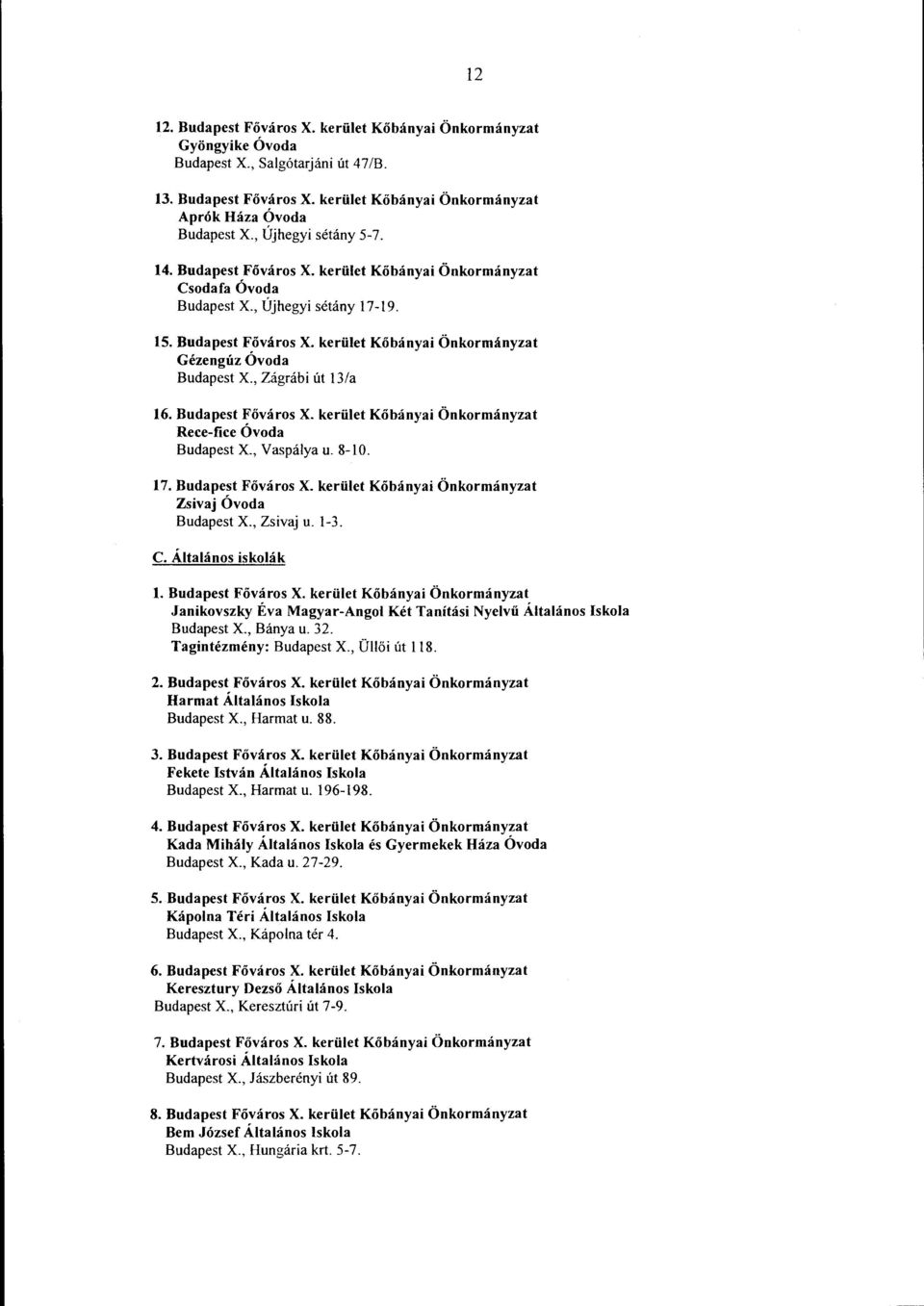 , Zágrábi út 13/a 16. Budapest Főváros X. kerület Kőbányai Önkormányzat Rece-fice Óvoda Budapest X., Vaspálya u. 8-10. 17. Budapest Főváros X. kerület Kőbányai Önkormányzat Zsivaj Óvoda Budapest X.