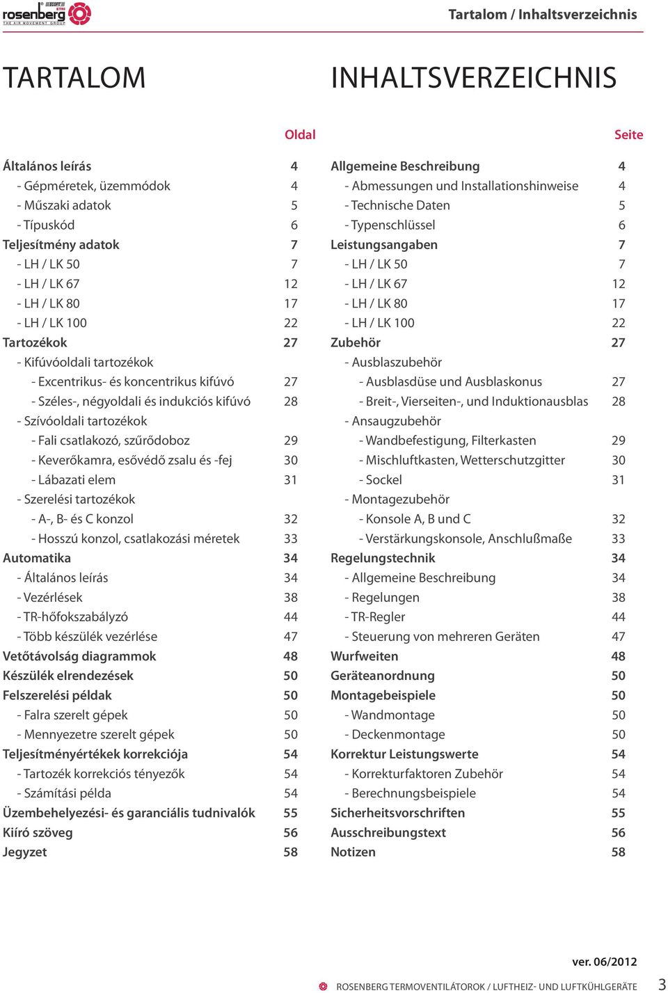 szűrődoboz 29 - Keverőkamra, esővédő zsalu és -fej 30 - Lábazati elem 31 - Szerelési tartozékok - A-, B- és C konzol 32 - Hosszú konzol, csatlakozási méretek 33 Automatika 34 - Általános leírás 34 -