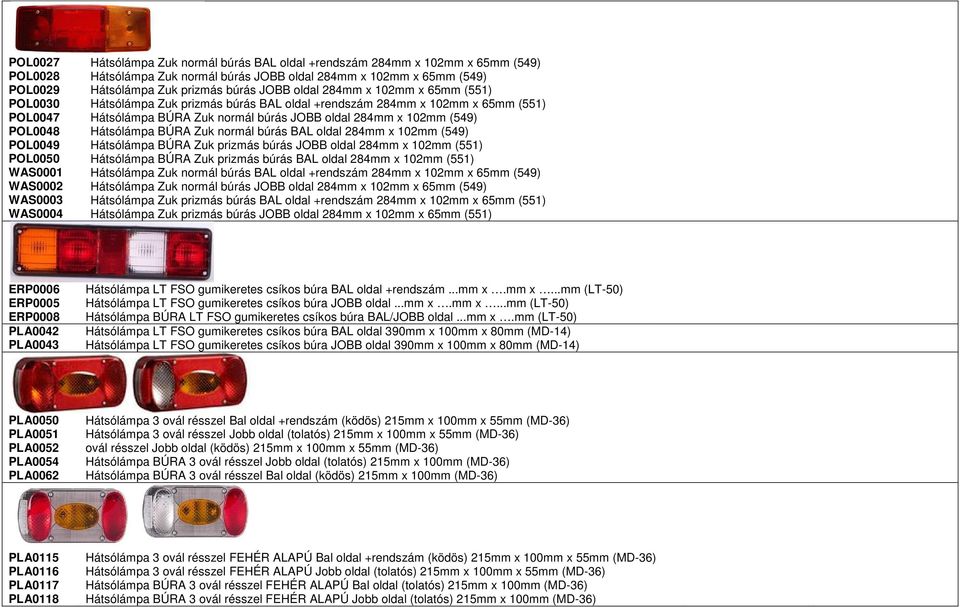 Hátsólámpa BÚRA Zuk normál búrás BAL oldal 284mm x 102mm (549) POL0049 Hátsólámpa BÚRA Zuk prizmás búrás JOBB oldal 284mm x 102mm (551) POL0050 Hátsólámpa BÚRA Zuk prizmás búrás BAL oldal 284mm x