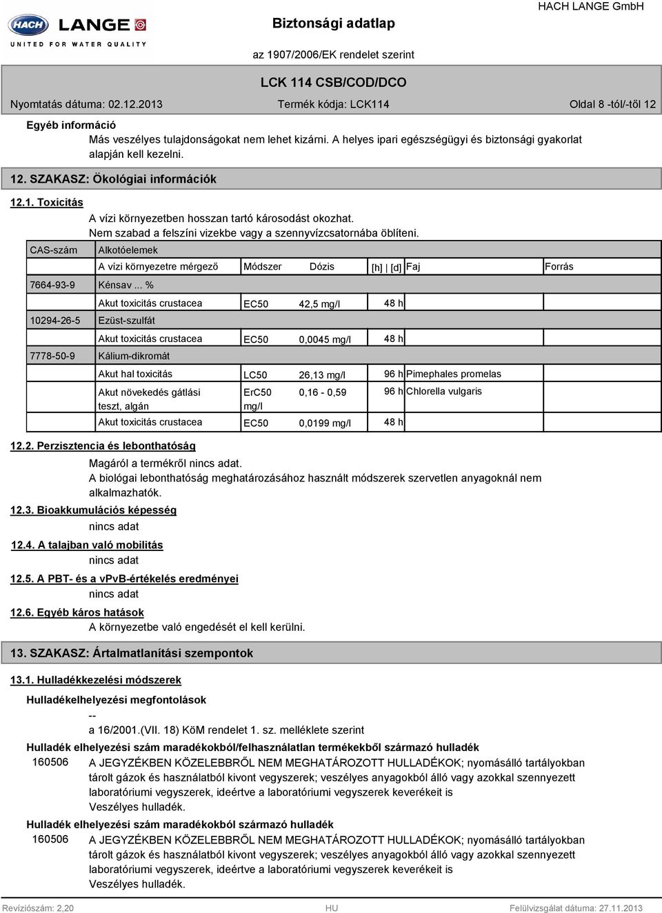 Alkotóelemek A vízi környezetre mérgező Módszer Dózis [h] [d] Faj Forrás Kénsav.