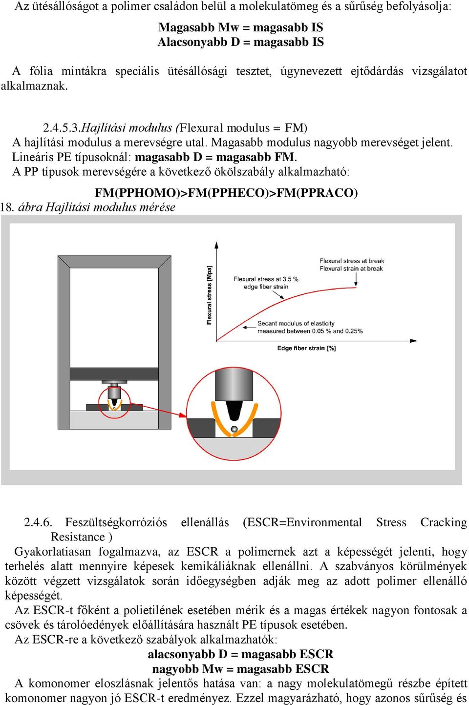 Lneárs PE típusoknál: magasabb D = magasabb FM. A PP típusok merevségére a következő ökölszabály alkalmazható: FM(PPHOMO)>FM(PPHECO)>FM(PPRACO) 18. ábra Hajlítás modulus mérése 2.4.6.