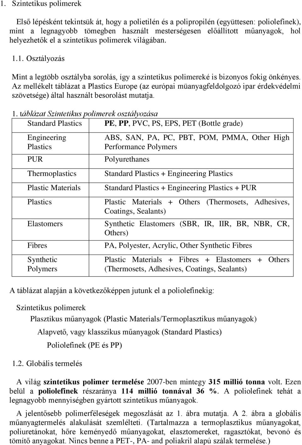 Az mellékelt táblázat a Plastcs Europe (az európa müanyagfeldolgozó par érdekvédelm szövetsége) által használt besorolást mutatja. 1.